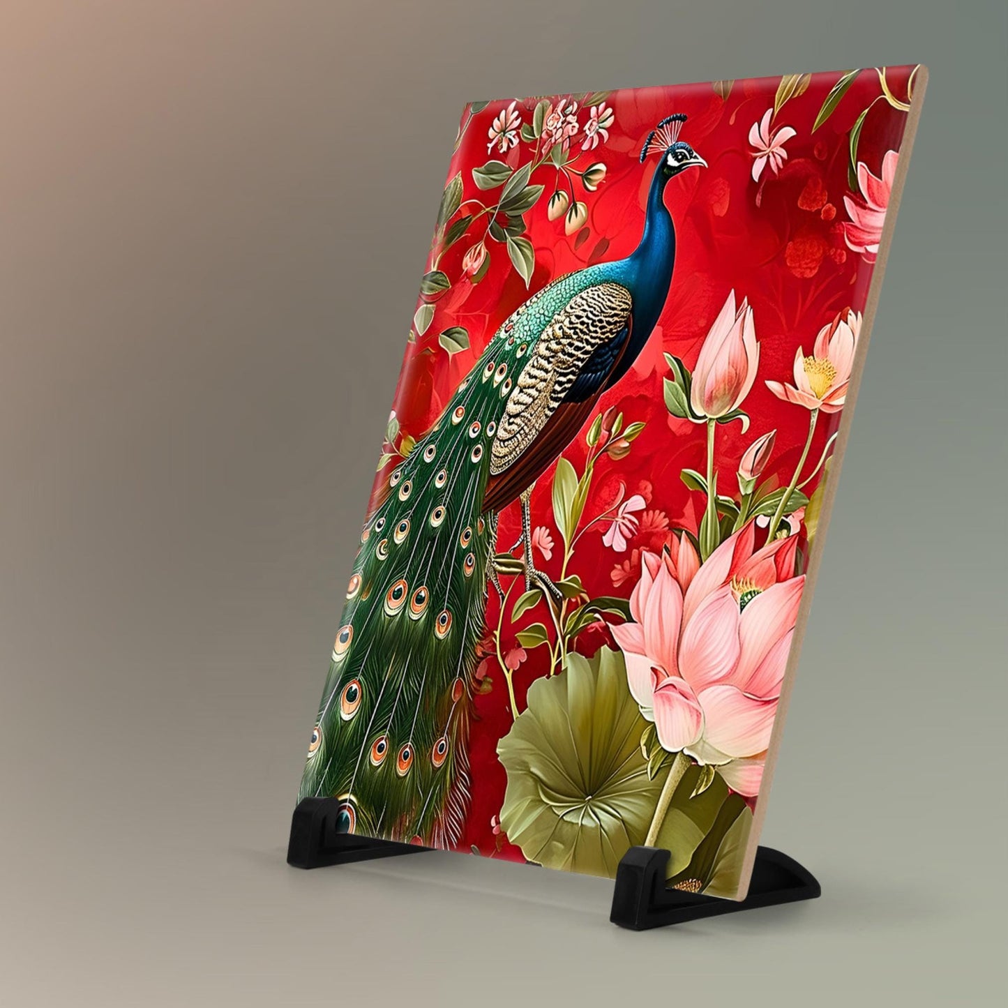 Ceramic Tile Art of Beautiful Peacock, Custom William Morris Style for Unique Home Decor, Perfect Gift for Nature Lover - 8x10" Art Print