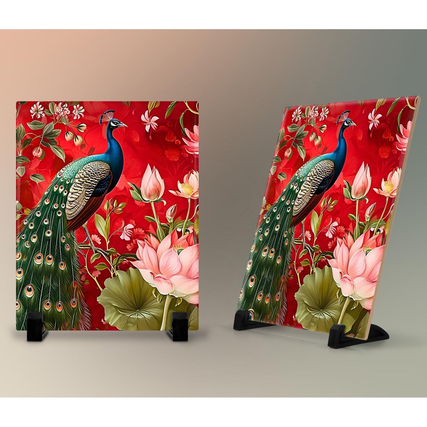 Ceramic Tile Art of Beautiful Peacock, Custom William Morris Style for Unique Home Decor, Perfect Gift for Nature Lover - 8x10" Art Print