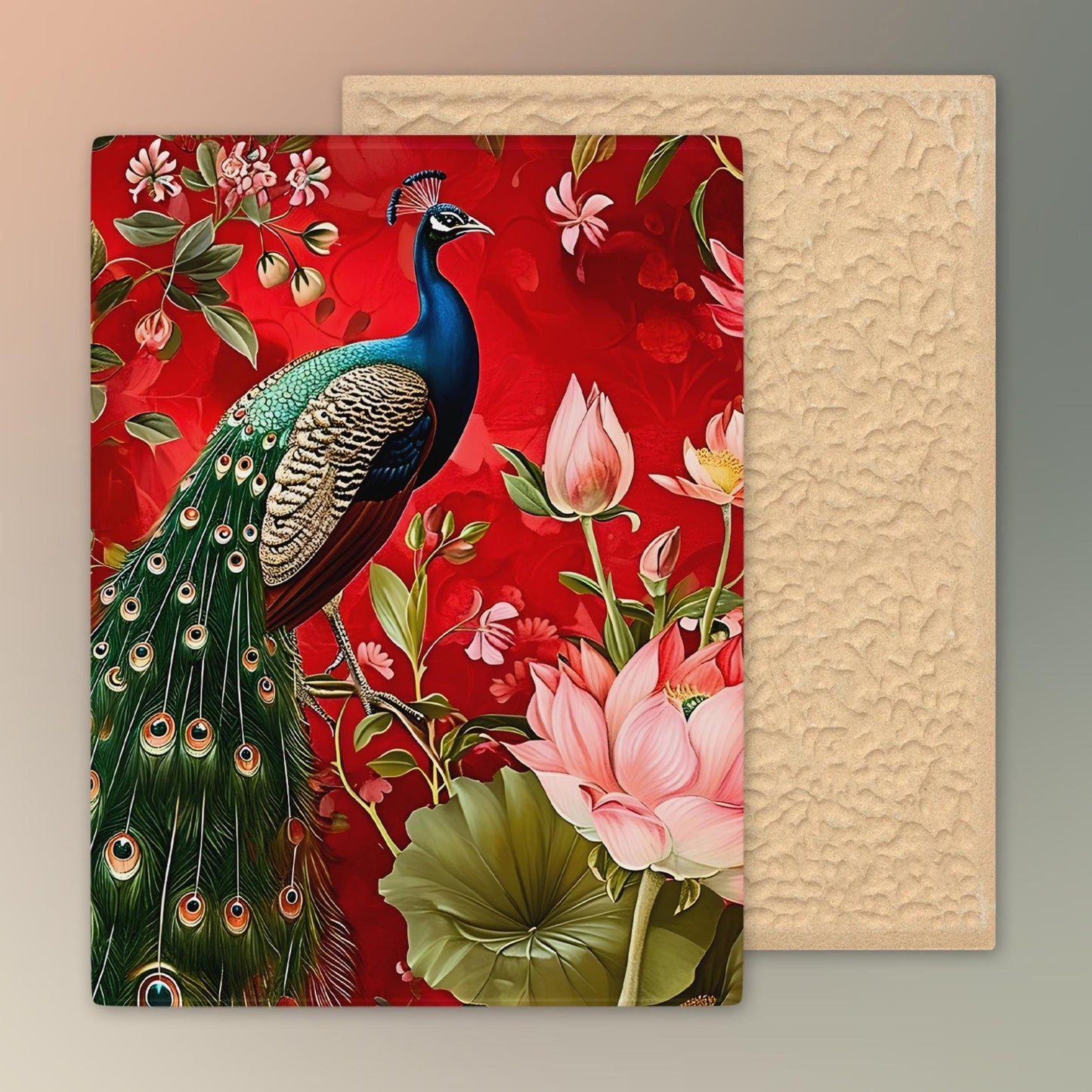 Ceramic Tile Art of Beautiful Peacock, Custom William Morris Style for Unique Home Decor, Perfect Gift for Nature Lover - 8x10" Art Print