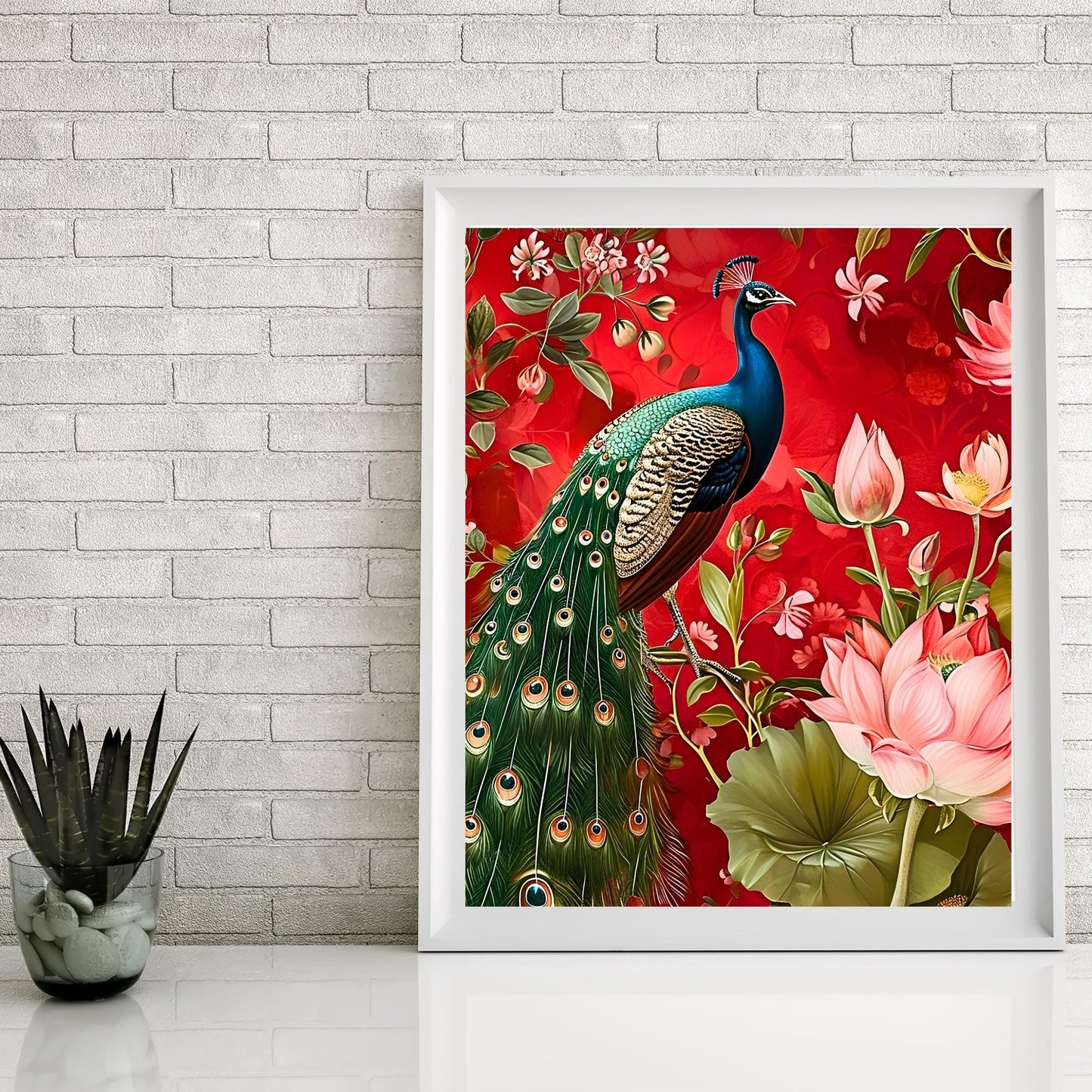 Ceramic Tile Art of Beautiful Peacock, Custom William Morris Style for Unique Home Decor, Perfect Gift for Nature Lover - 8x10" Art Print