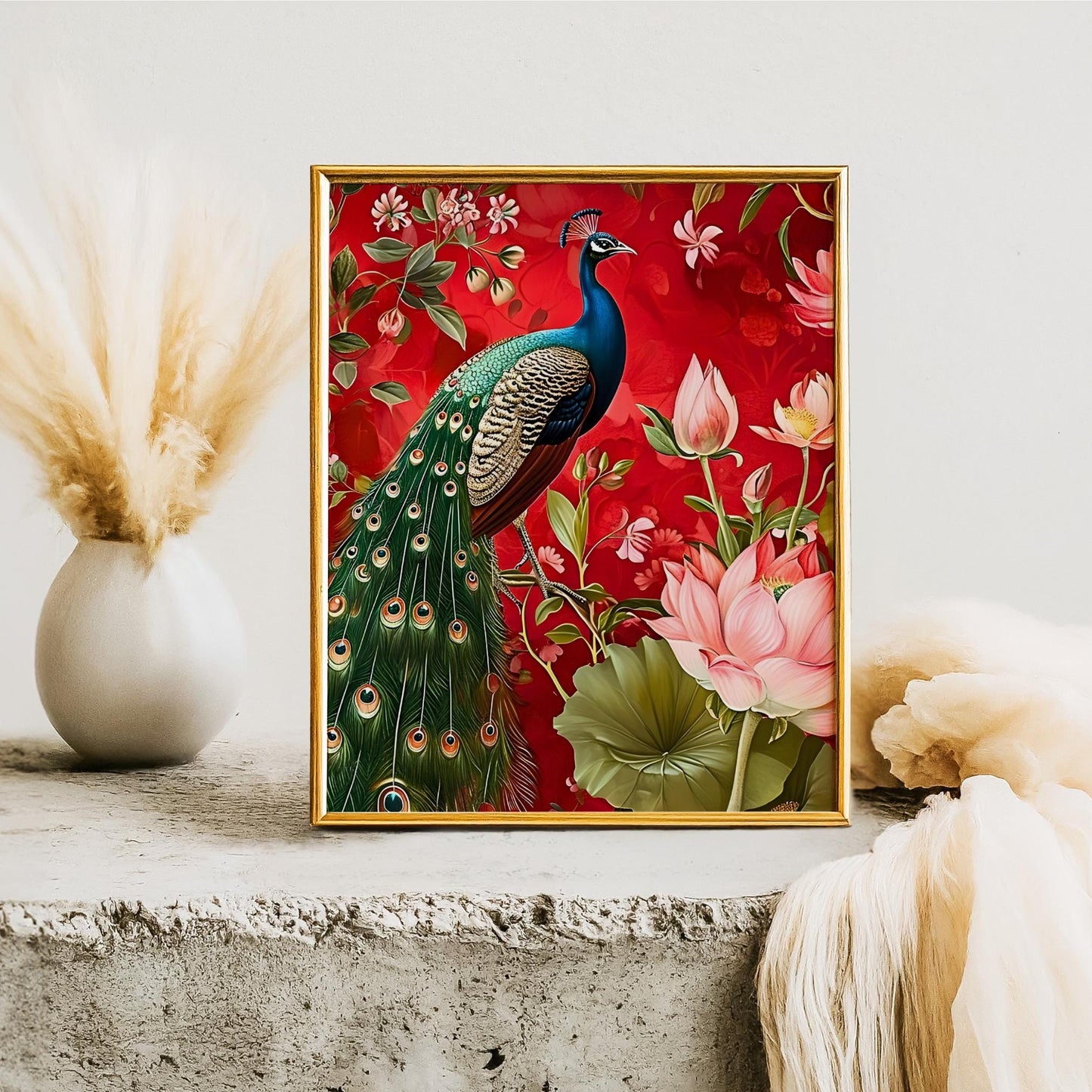 Ceramic Tile Art of Beautiful Peacock, Custom William Morris Style for Unique Home Decor, Perfect Gift for Nature Lover - 8x10" Art Print