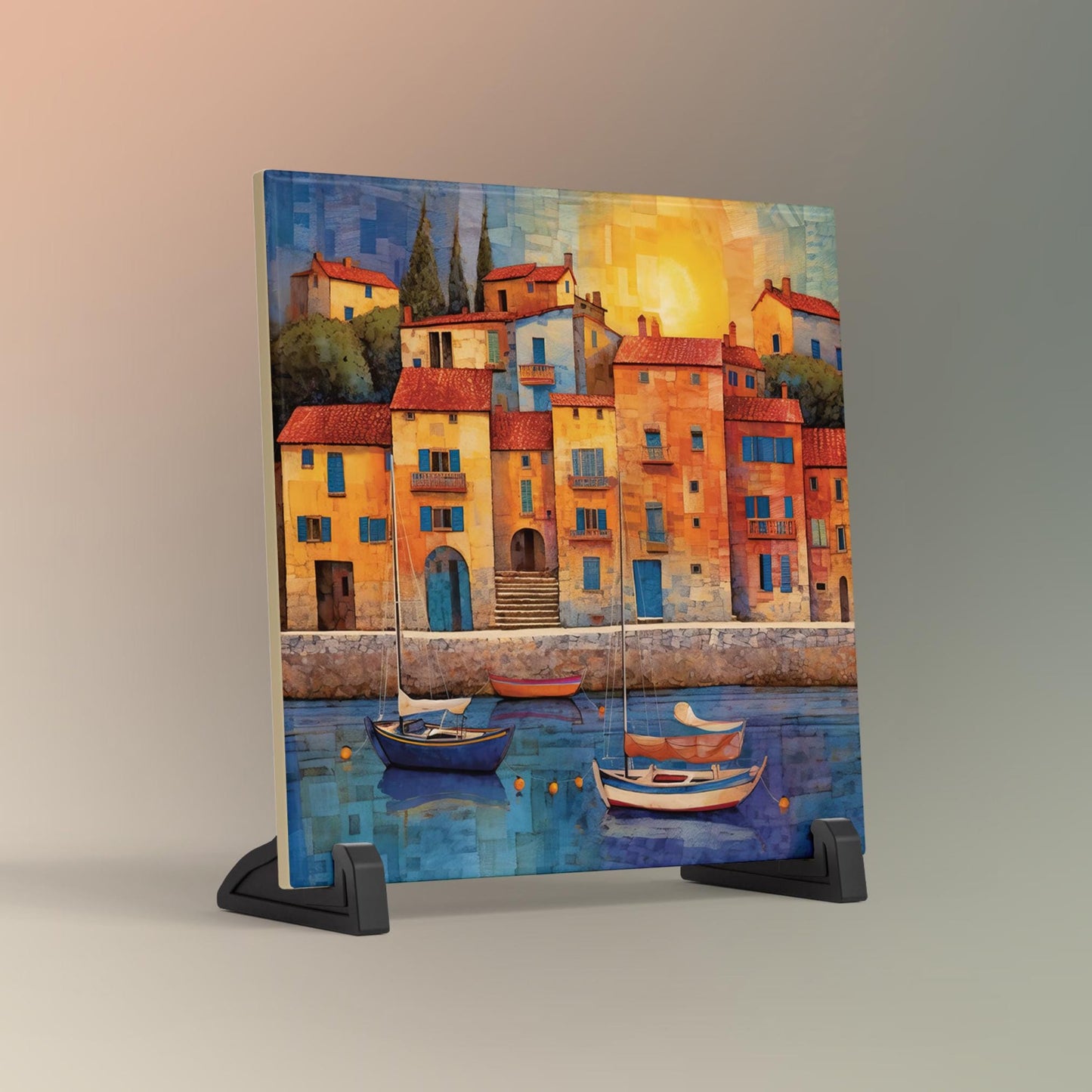 Mediterranean Harbor Ceramic Tile Art, Mosaic Look Decor Tile for Kitchen or Bathroom, Coastal Art, Gallery Wall Decor