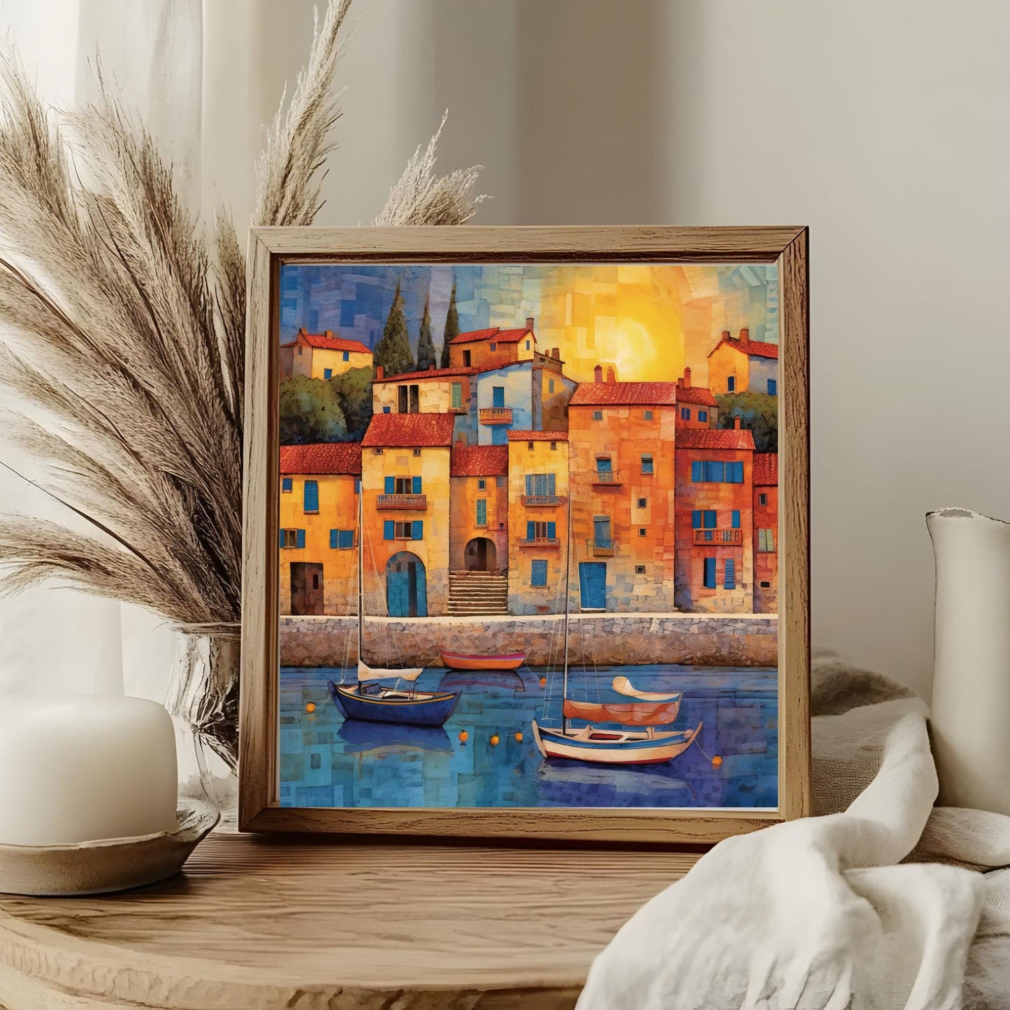 Mediterranean Harbor Ceramic Tile Art, Mosaic Look Decor Tile for Kitchen or Bathroom, Coastal Art, Gallery Wall Decor