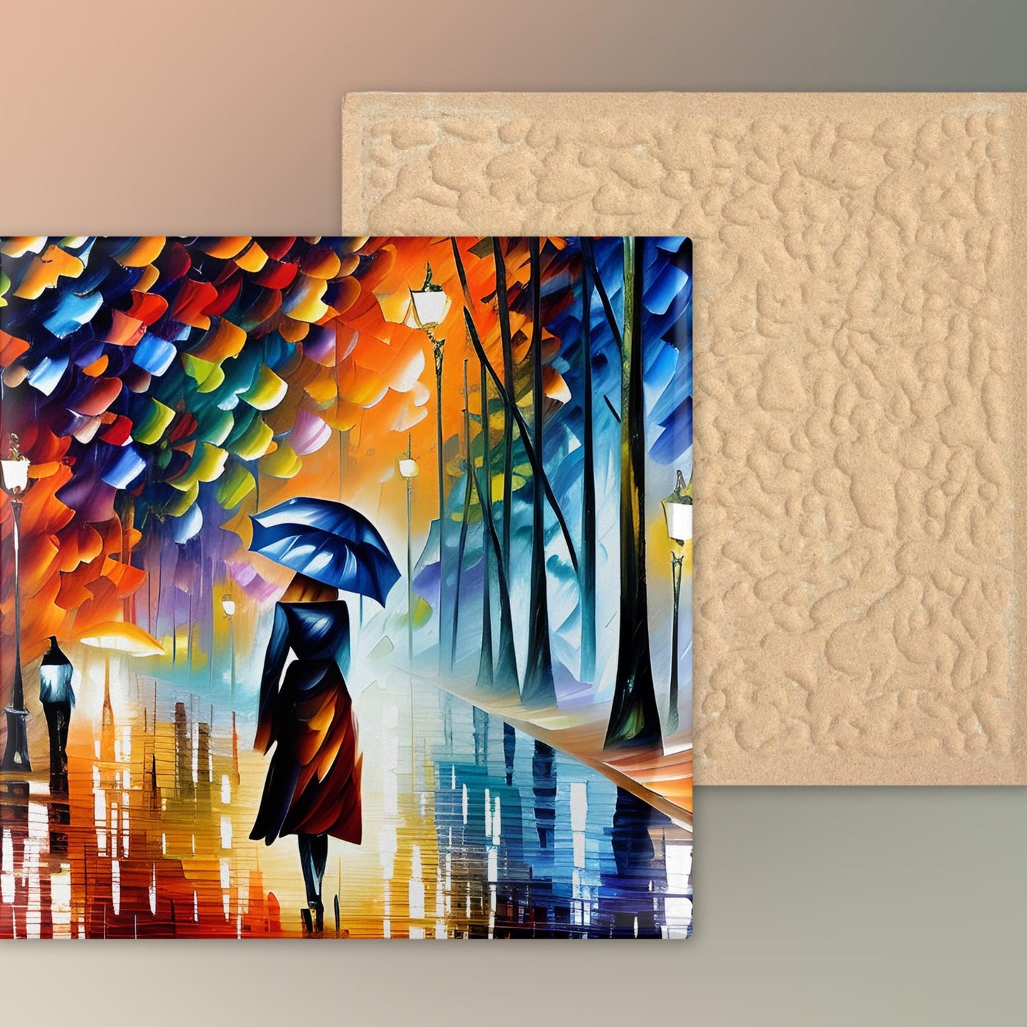 Abstract Art Woman Walking in the Rain, Ceramic Tile, Artwork for Living Room Decor