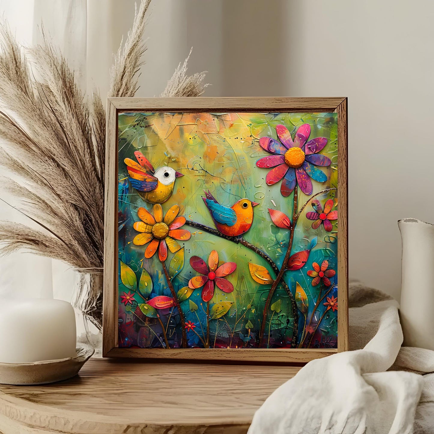 Quirky Birds Ceramic Tile Art, Whimsical Folk Art Decor for Bird Lovers, Perfect Nature-Inspired Gift and Home Accent
