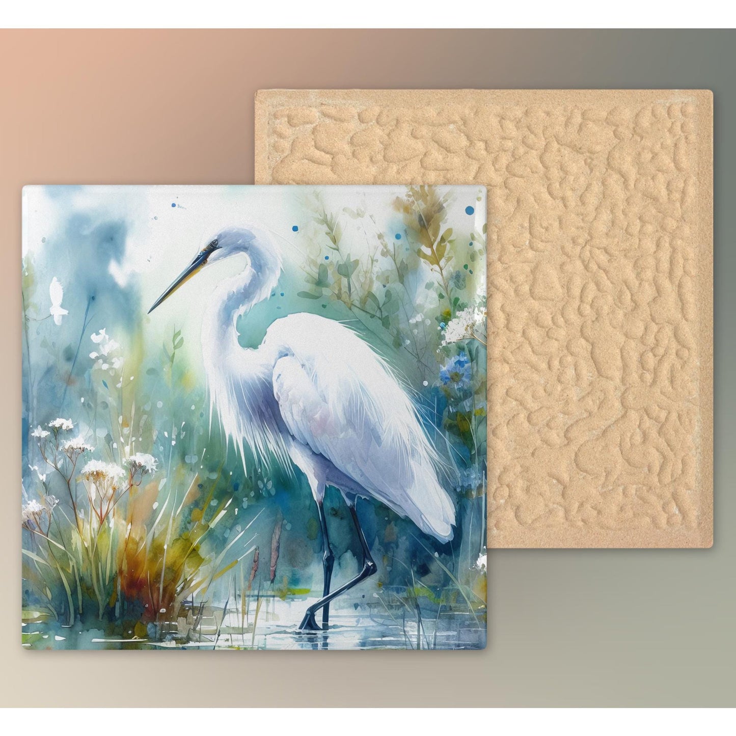 Watercolor Egret Art Tile II, Marshland Landscape, Elegant Bird Wall Art, Minimalist Wildlife Painting
