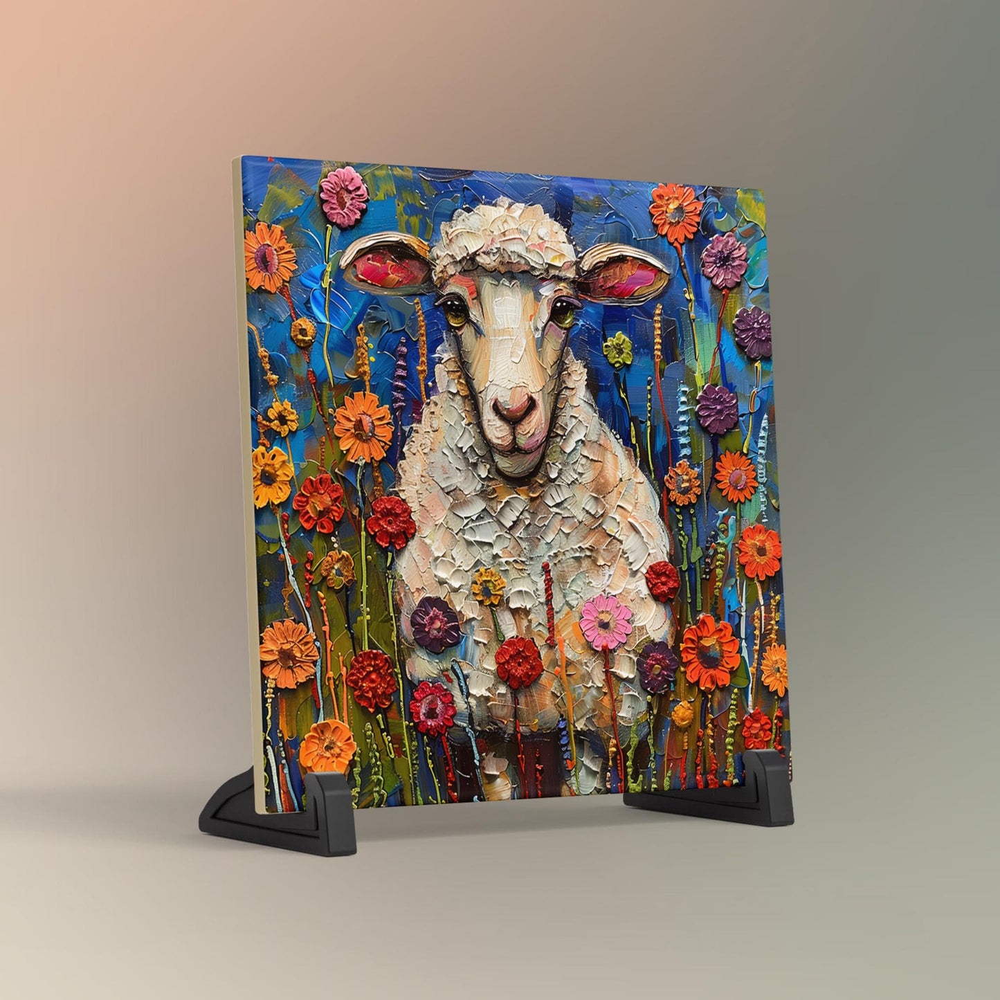 Whimsical Lamb Ceramic Art on Tile, Folk Art Animal Decor, Farmhouse Style Print