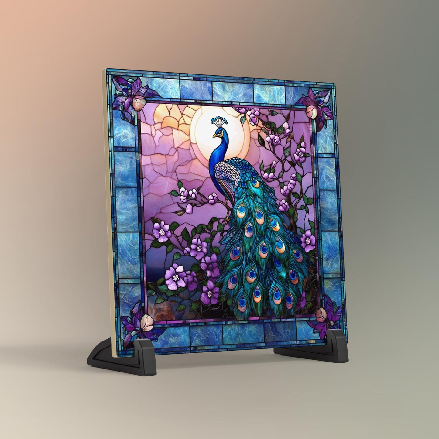 Peacock Ceramic Tile Stained Glass Look | Art Nouveau, Unique Wall Art | Ceramic Wall Decor | Art Deco Bird