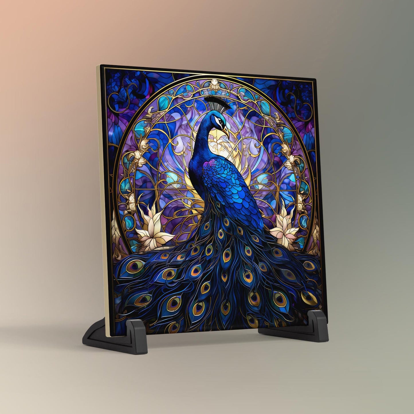 Art Deco Peacock Ceramic Tile | Stained Glass Look | Art Nouveau | Unique Wall Art | Ceramic Wall Decor | Colorful Bird Print