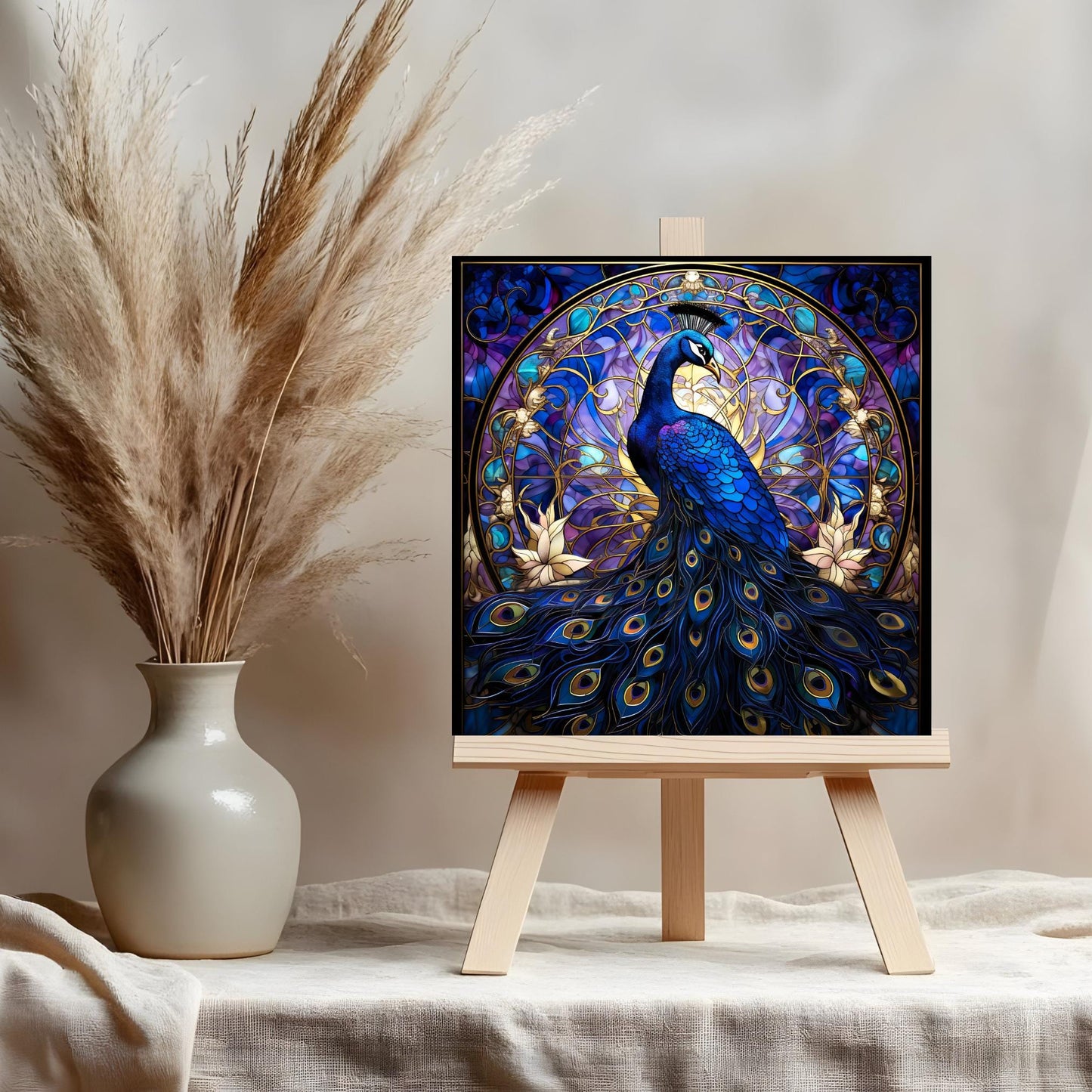 Art Deco Peacock Ceramic Tile | Stained Glass Look | Art Nouveau | Unique Wall Art | Ceramic Wall Decor | Colorful Bird Print