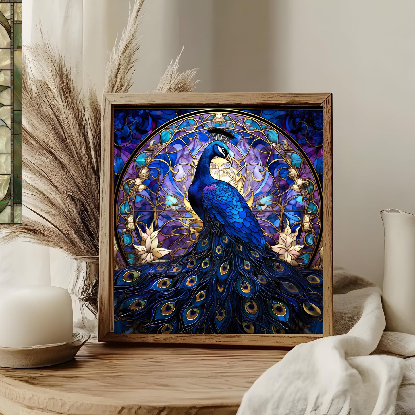Art Deco Peacock Ceramic Tile | Stained Glass Look | Art Nouveau | Unique Wall Art | Ceramic Wall Decor | Colorful Bird Print