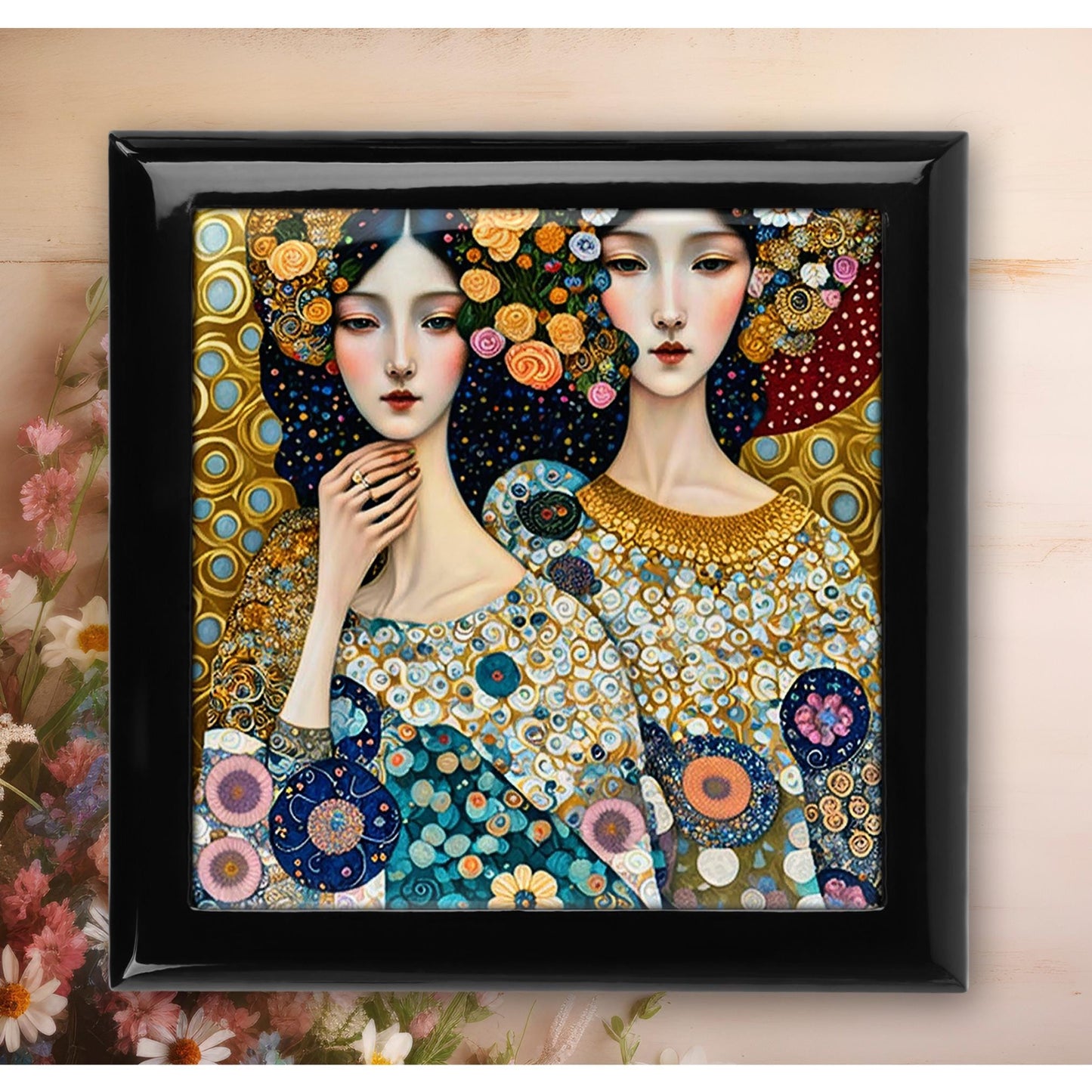 Klimt Style Keepsake Box, Whimsical Ceramic Art Tile Memory Box, Perfect Organizer for Her, Ideal Mother's Day Gift, Ceramic Tile Option
