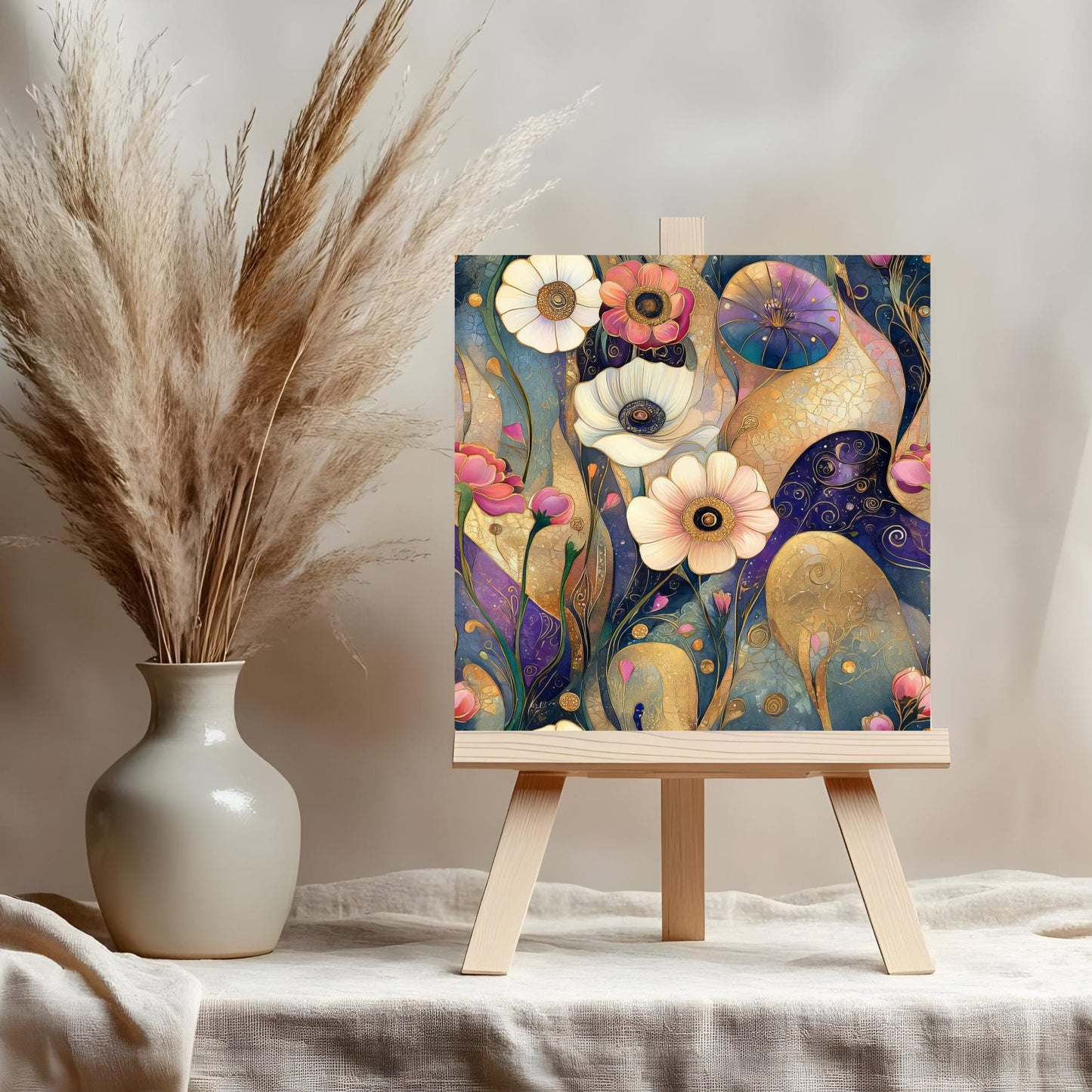 Klimt Inspired Floral Ceramic Tile Wall Art, Klimt Inspired Flower Decor, Art Nouveau Wall Hanging - Art Print Ready to Display