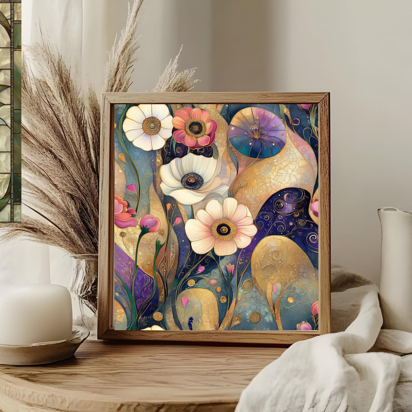 Klimt Inspired Floral Ceramic Tile Wall Art, Klimt Inspired Flower Decor, Art Nouveau Wall Hanging - Art Print Ready to Display