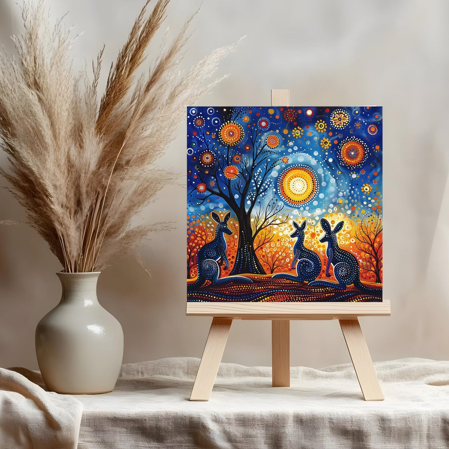 Vibrant Kangaroos Art Tile, Aboriginal Dot Matrix Pattern, Unique Wall Decor for Art Lovers, Perfect Gift for Nature Enthusiasts
