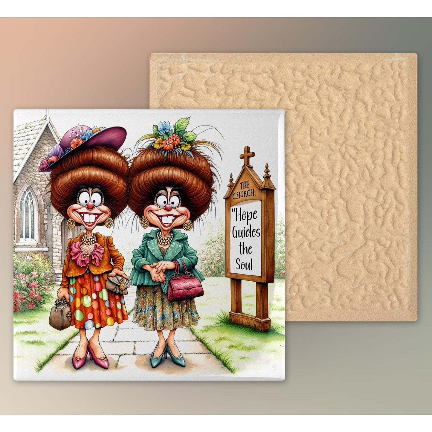 Quirky Church Ladies Ceramic Art Tile, Whimsical Women of Faith Decor, Funny Inspirational Wall Hanging, Unique Gift for Friend