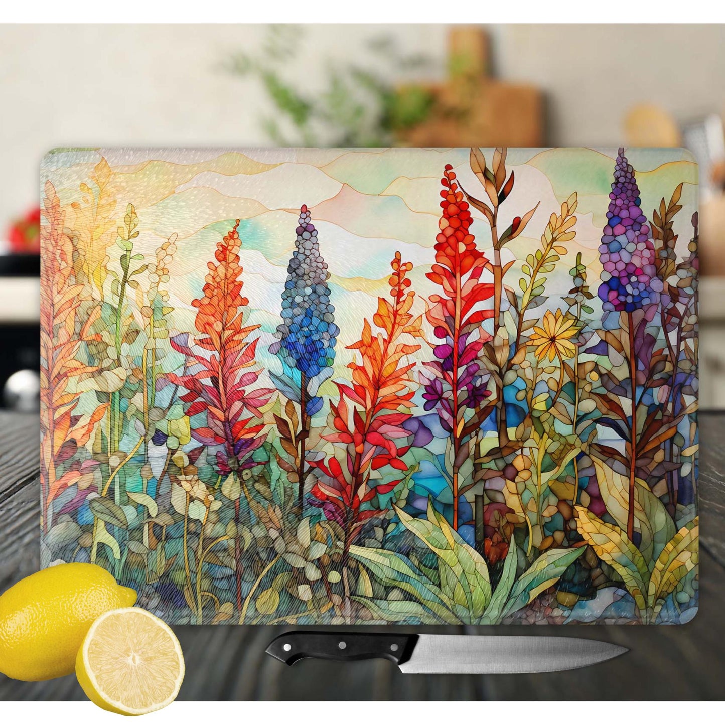 Whimsical Wildflowers Glass Cutting Board II - Floral Tempered Glass Chopping Board for Cheese & Charcuterie, Functional Kitchen Art
