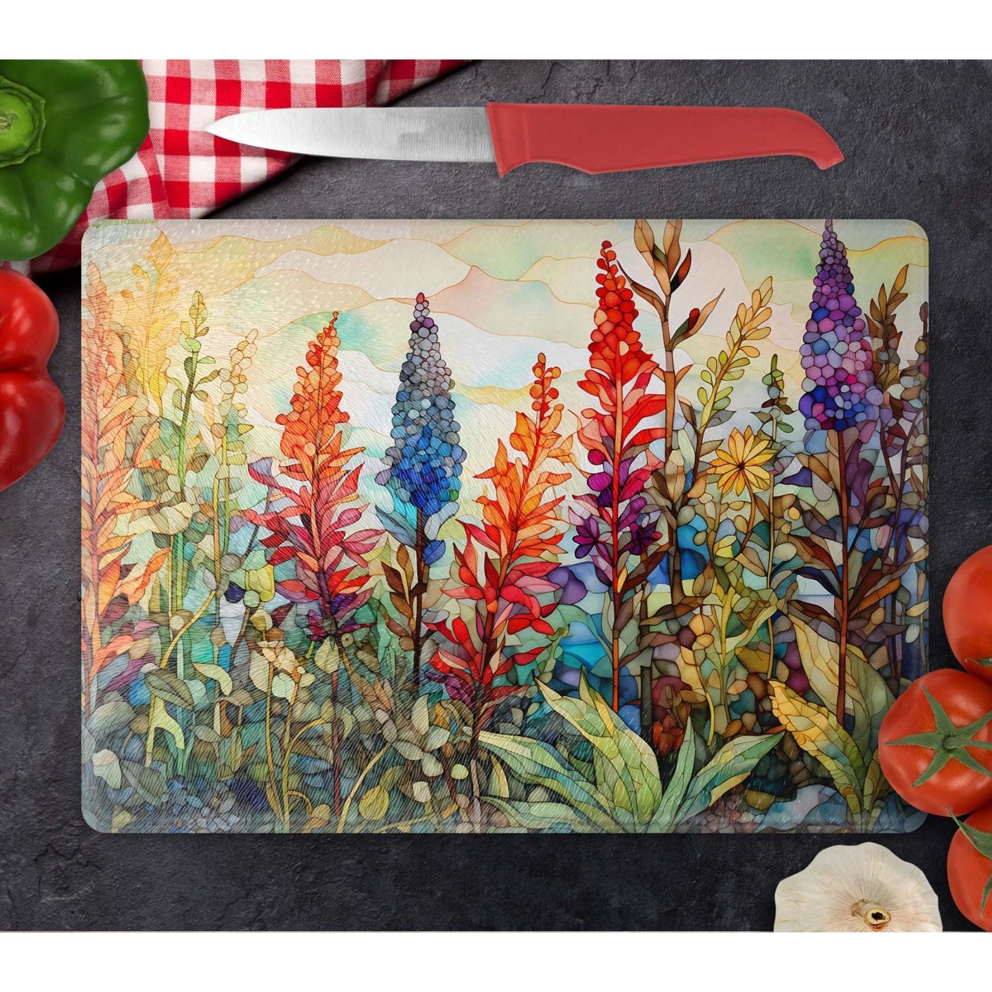 Whimsical Wildflowers Glass Cutting Board II - Floral Tempered Glass Chopping Board for Cheese & Charcuterie, Functional Kitchen Art