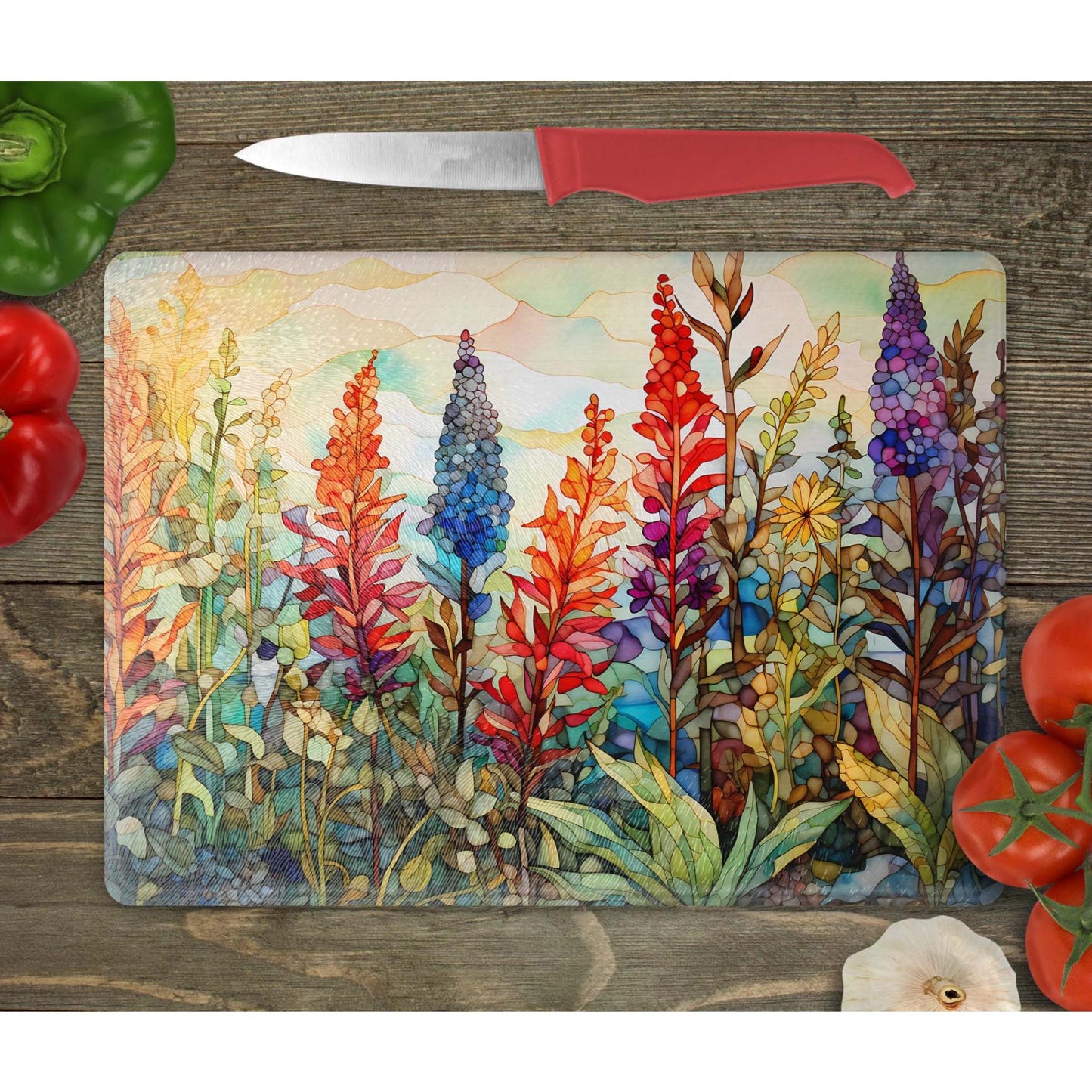 Whimsical Wildflowers Glass Cutting Board II - Floral Tempered Glass Chopping Board for Cheese & Charcuterie, Functional Kitchen Art