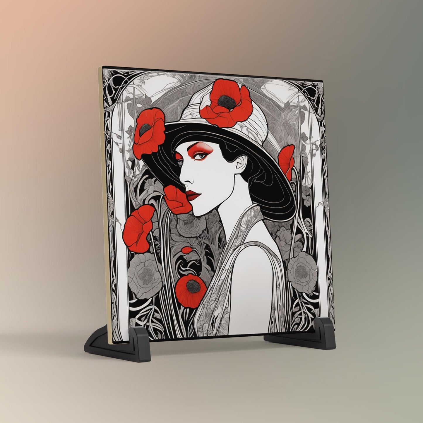 Art Deco Ceramic Tile Art - Red Poppies Woman Design - Elegant Wall Decor for Home - Unique Gift for Art Lovers - Black and White Art