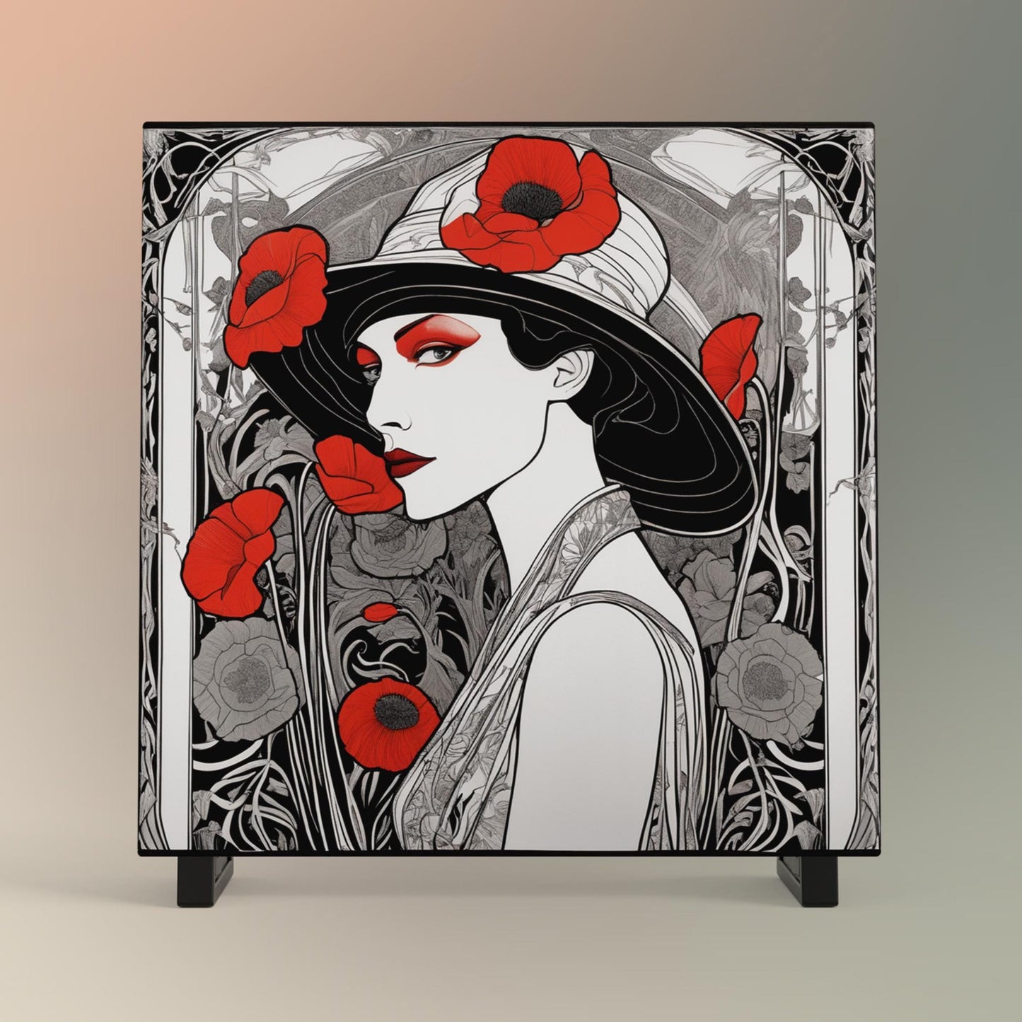 Art Deco Ceramic Tile Art - Red Poppies Woman Design - Elegant Wall Decor for Home - Unique Gift for Art Lovers - Black and White Art