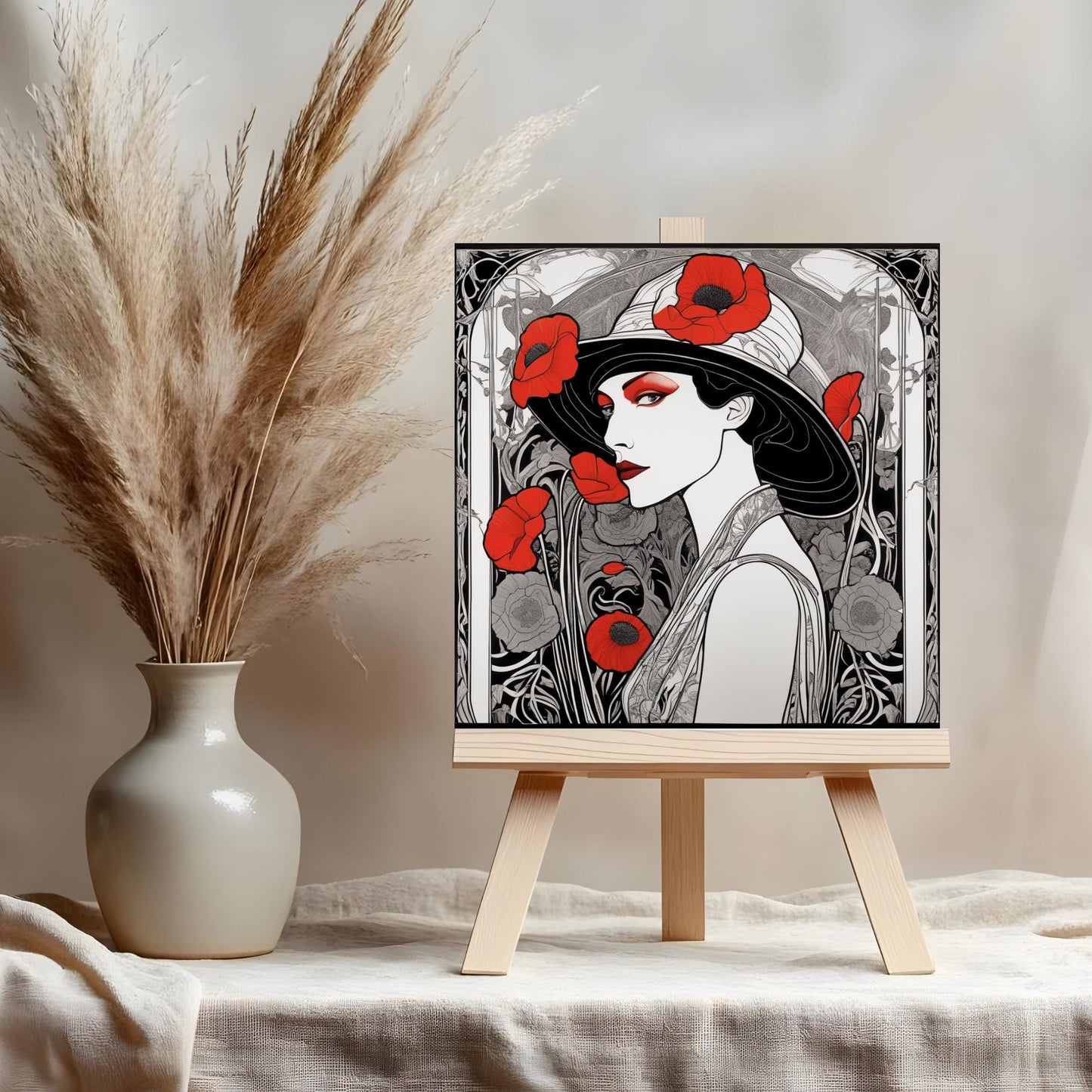Art Deco Ceramic Tile Art - Red Poppies Woman Design - Elegant Wall Decor for Home - Unique Gift for Art Lovers - Black and White Art