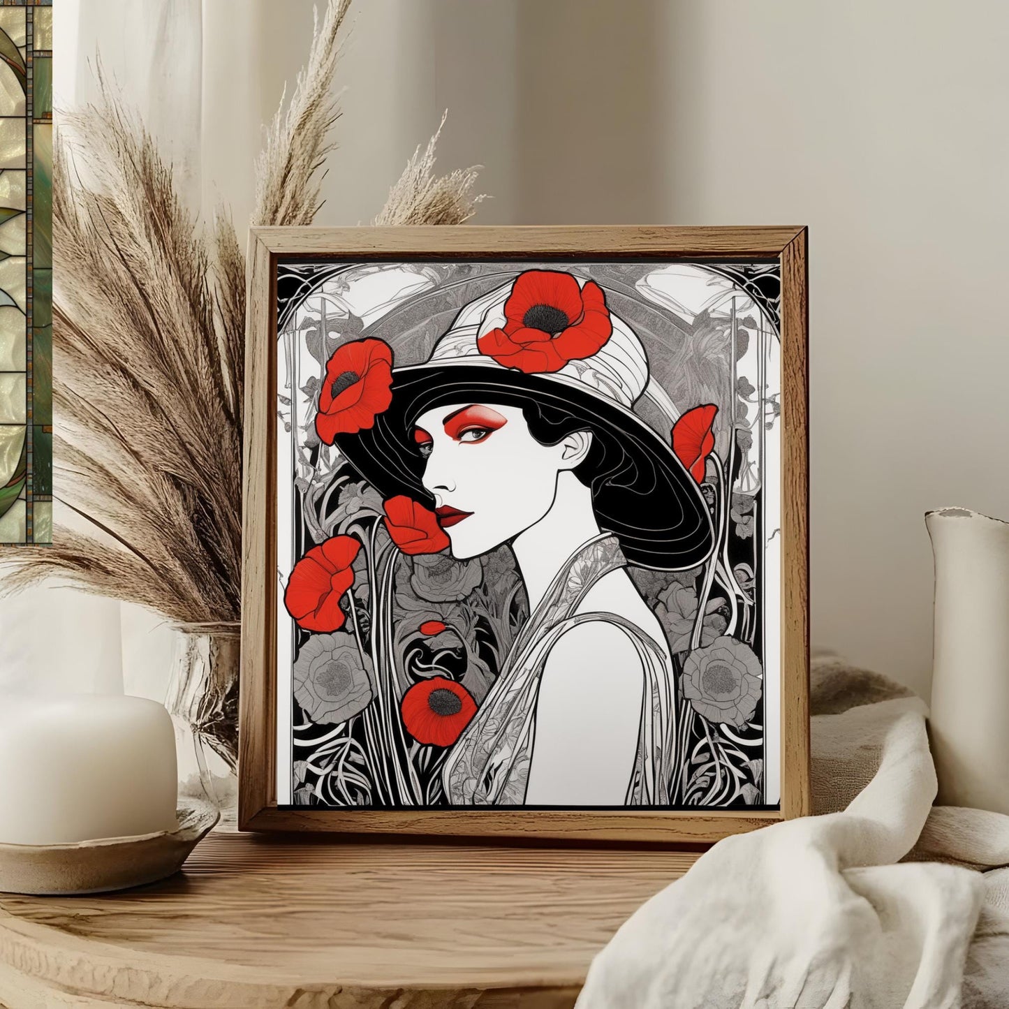 Art Deco Ceramic Tile Art - Red Poppies Woman Design - Elegant Wall Decor for Home - Unique Gift for Art Lovers - Black and White Art