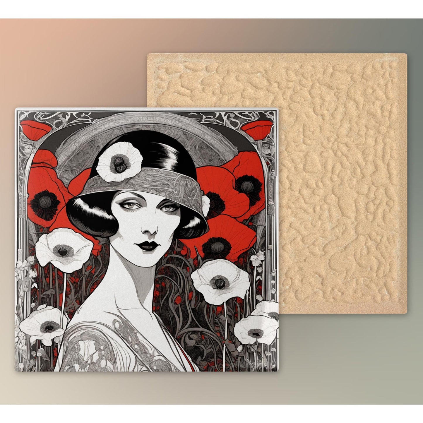 Art Deco Ceramic Tile Art - Red Poppies Woman II Design - Elegant Wall Decor for Home - Unique Gift for Art Lovers - Black and White Art