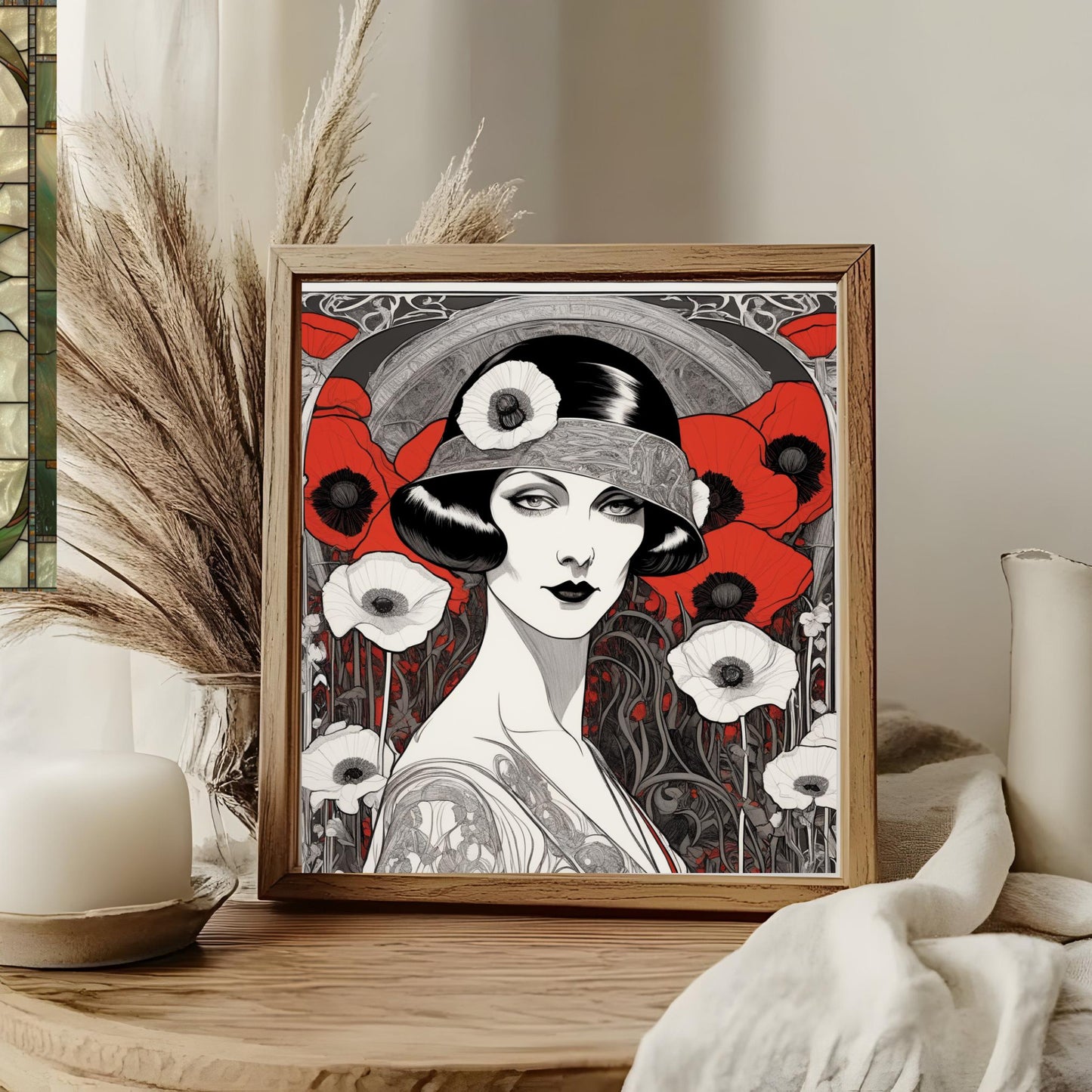 Art Deco Ceramic Tile Art - Red Poppies Woman II Design - Elegant Wall Decor for Home - Unique Gift for Art Lovers - Black and White Art