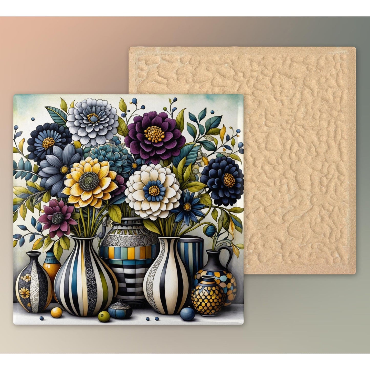 Art Deco Flower Ceramic Tile, Artistic Floral Vase Decor, Beautiful Home Accent, Botanical Art Print, Black and White Artwork