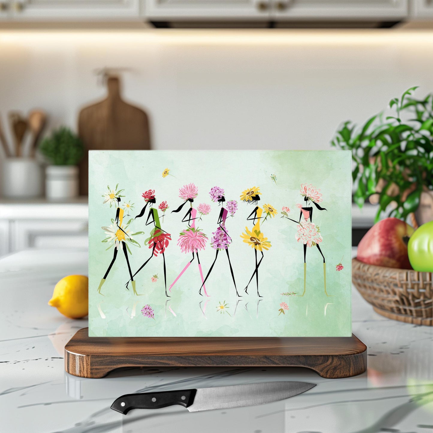 Whimsical Women Glass Cutting Board - Floral Tempered Glass Chopping Board for Cheese & Charcuterie, Functional Kitchen Art