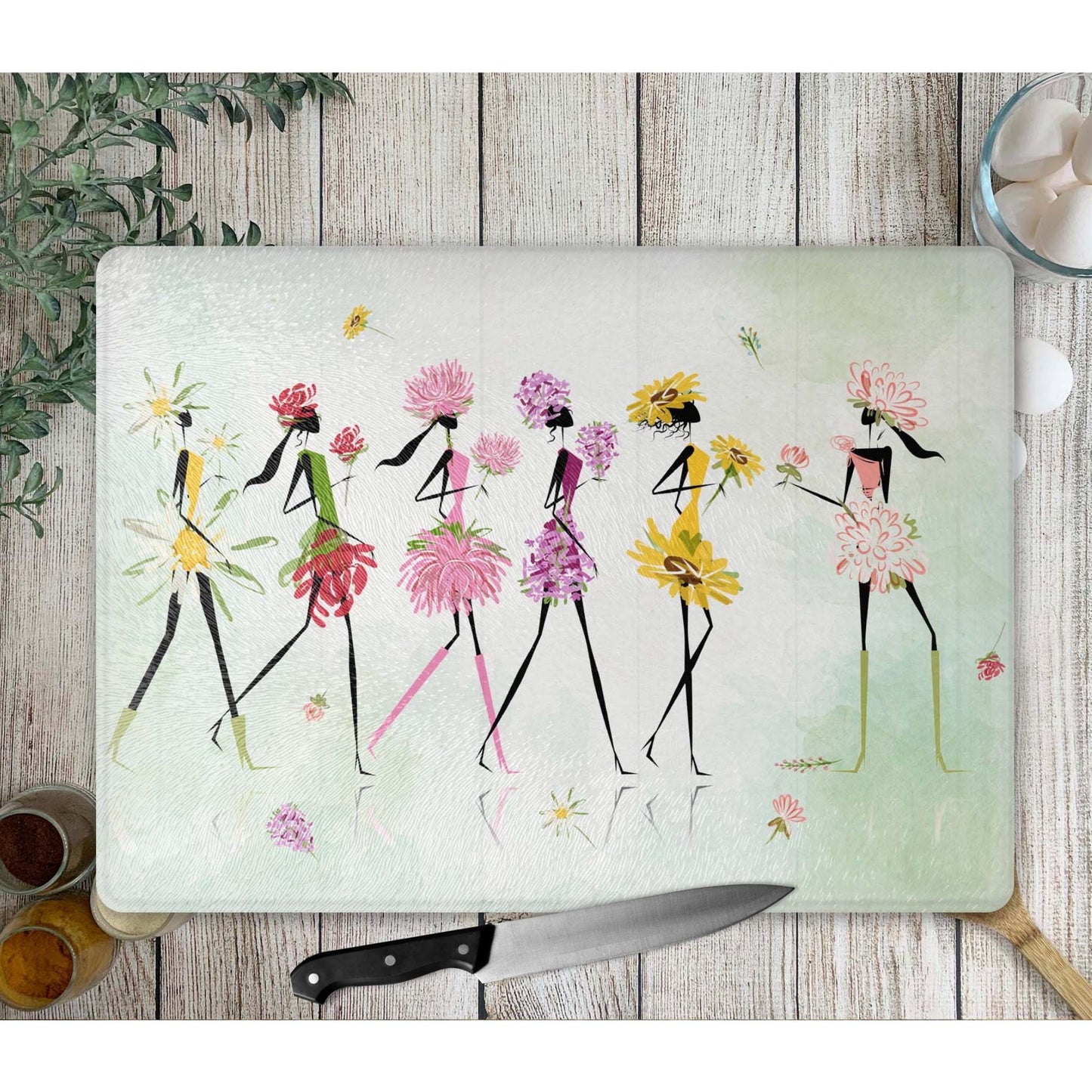 Whimsical Women Glass Cutting Board - Floral Tempered Glass Chopping Board for Cheese & Charcuterie, Functional Kitchen Art