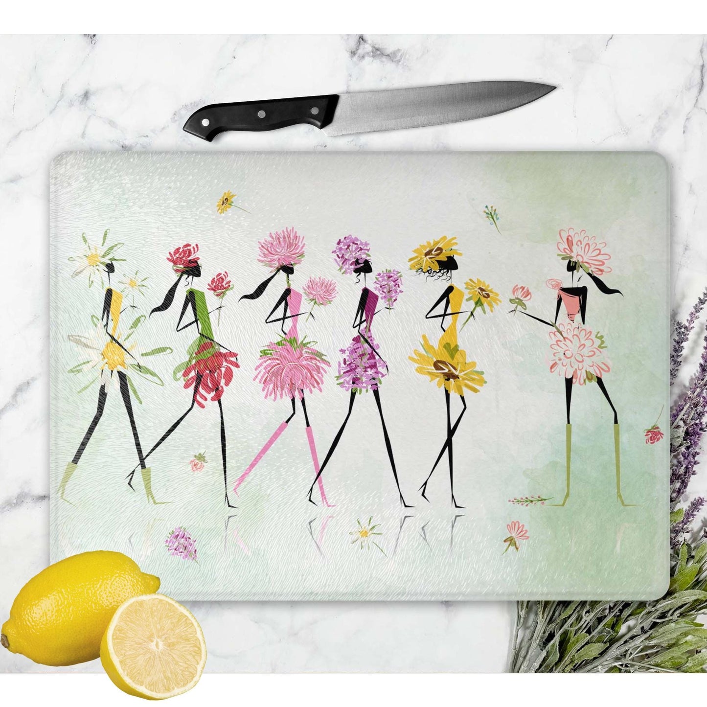 Whimsical Women Glass Cutting Board - Floral Tempered Glass Chopping Board for Cheese & Charcuterie, Functional Kitchen Art