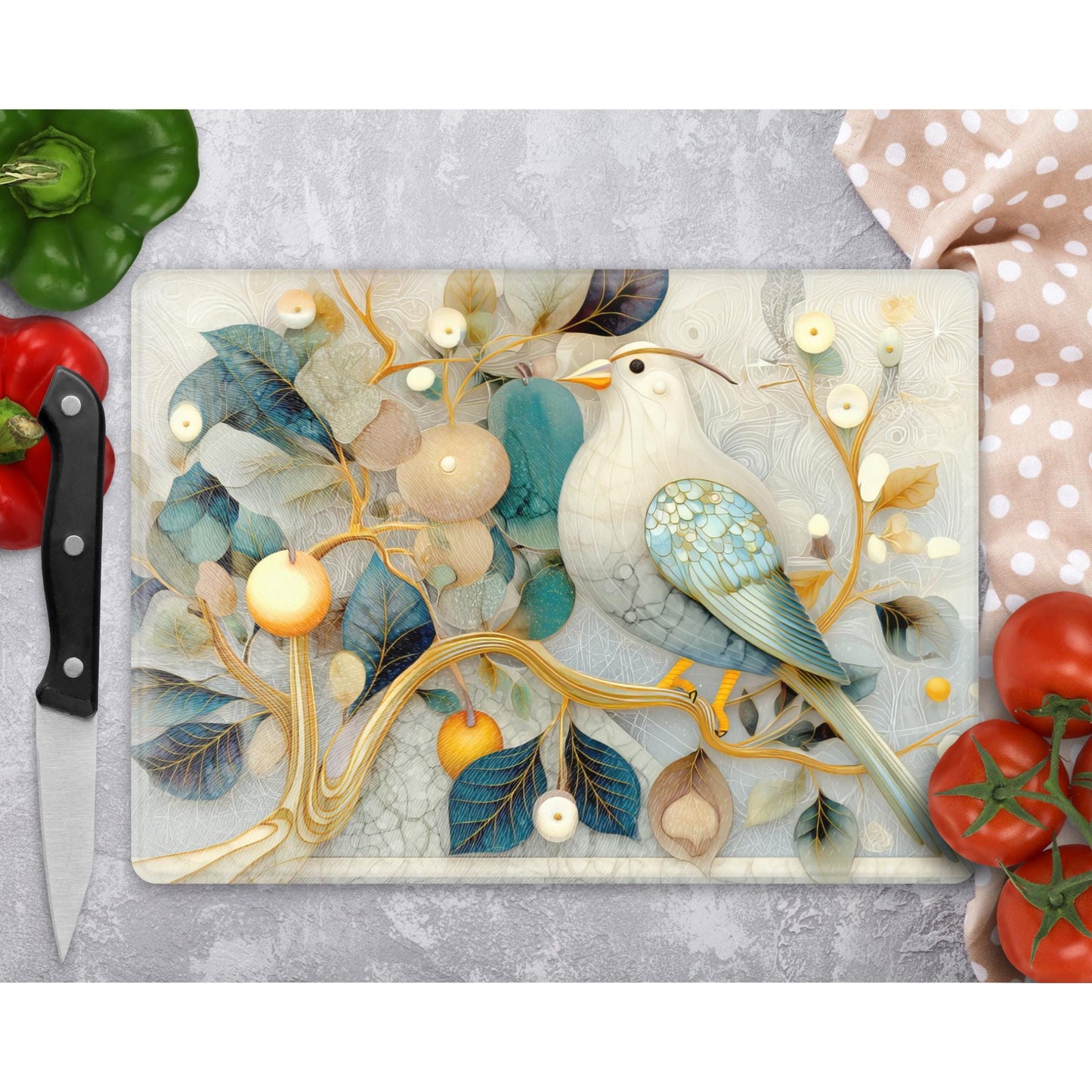 Whimsical Birds Tempered Glass Cutting Board, Artistic Kitchen Essential for Meal Prep & Display, Ideal Gift for Home Chefs