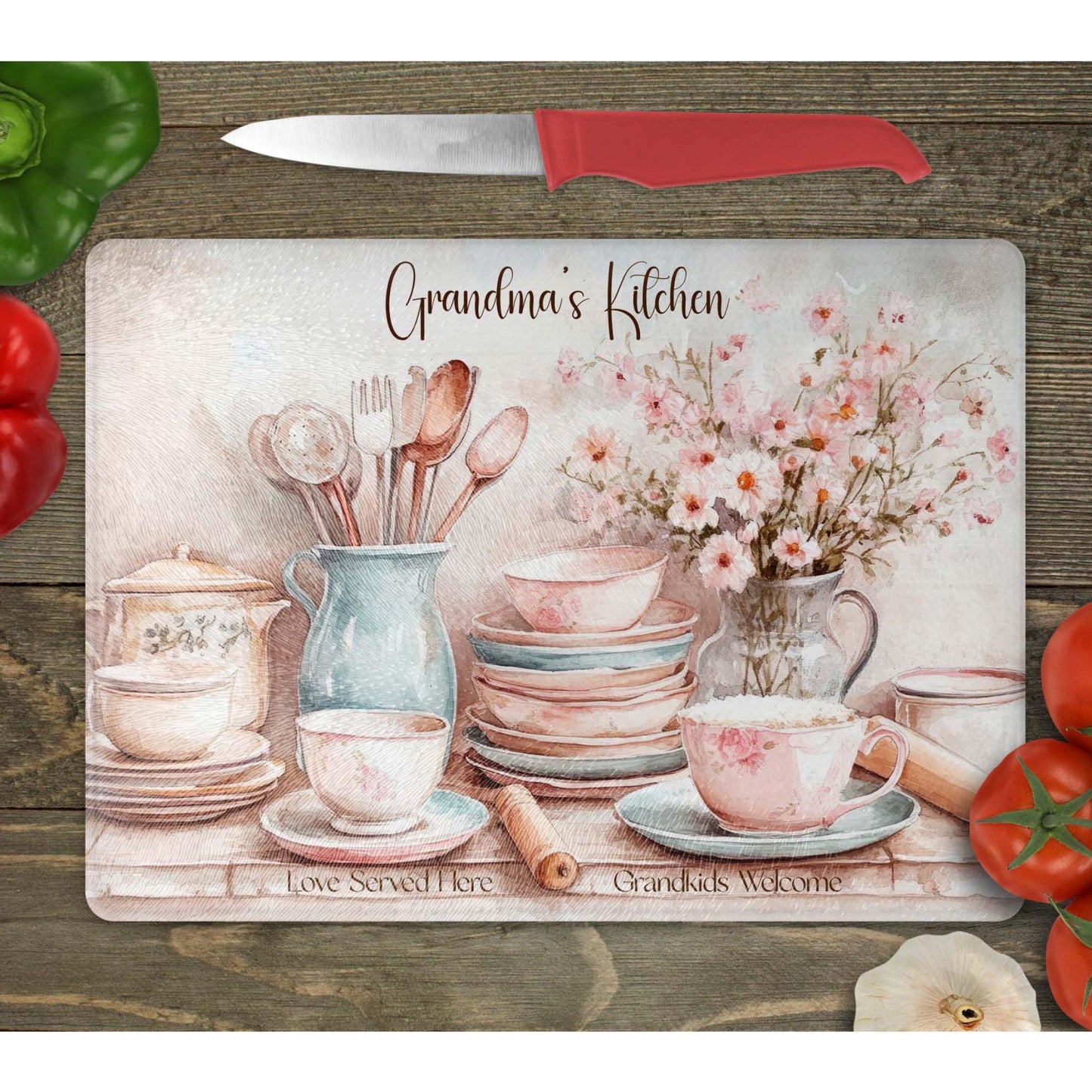 Grandma's Kitchen Glass Cutting Board, Stunning Tempered Glass Serving Tray for Charcuterie, Thoughtful Gift from Grandkids