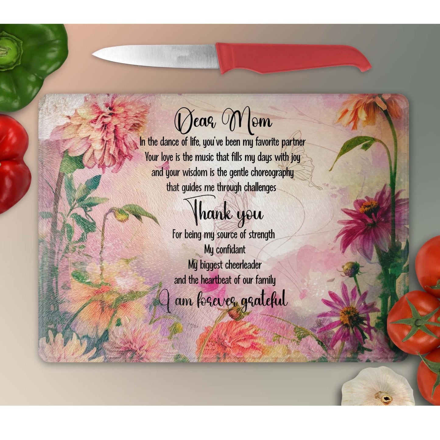 Mother's Glass Cutting Board, Vibrant Serving Tray for Charcuterie, Ideal Housewarming Gift from Daughter to Mother - Mother's Day Gift