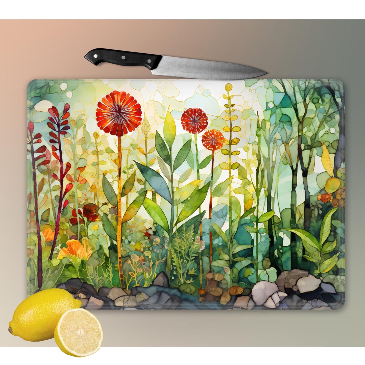 Whimsical Wildflowers Glass Cutting Board - Floral Tempered Glass Chopping Board for Cheese & Charcuterie, Functional Kitchen Art