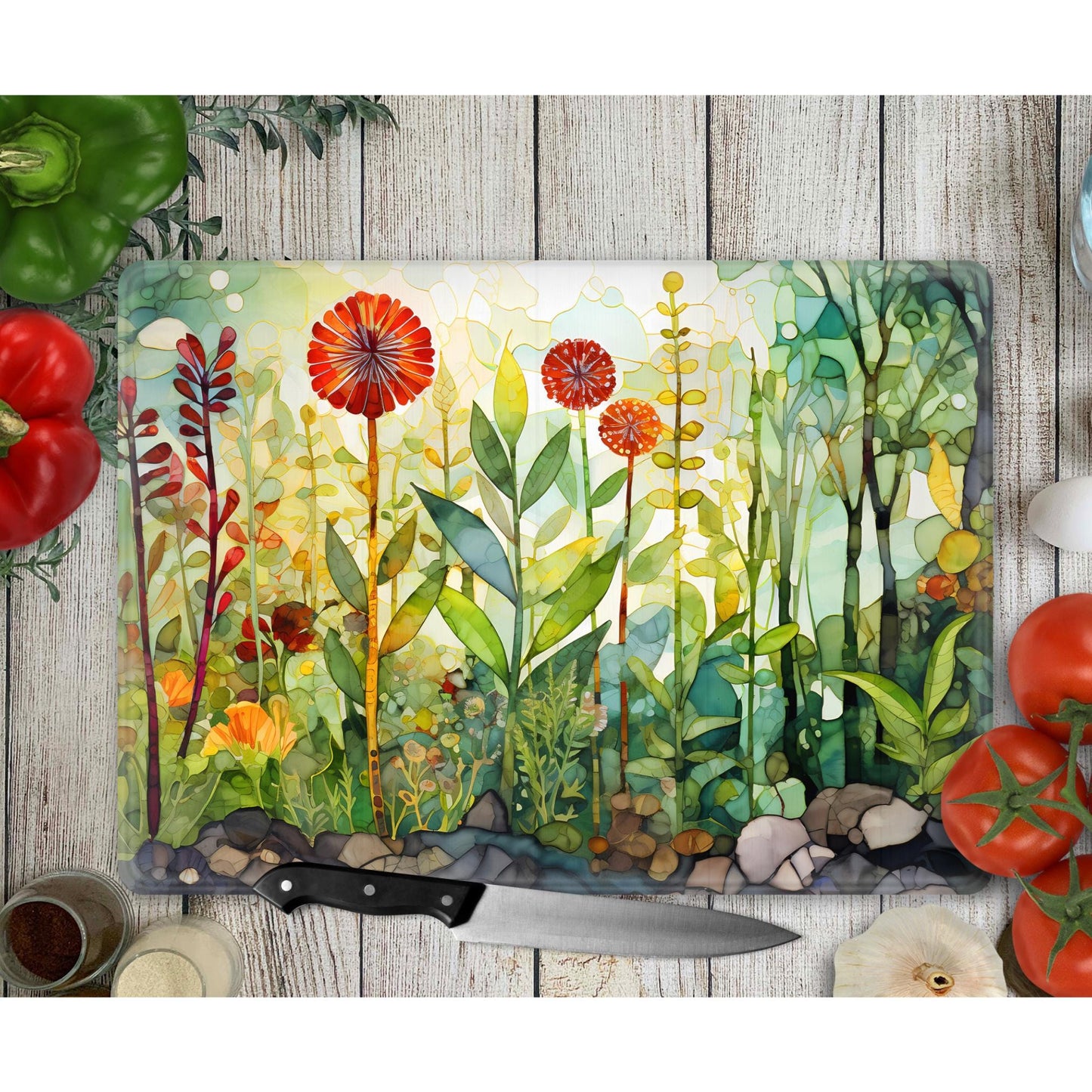 Whimsical Wildflowers Glass Cutting Board - Floral Tempered Glass Chopping Board for Cheese & Charcuterie, Functional Kitchen Art