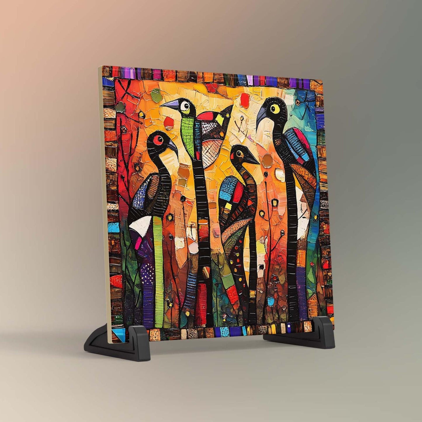 Whimsical Birds Ceramic Tile, Folk Art Wildlife Artwork Home Decor, Ethnic Aesthetic Spring Decor