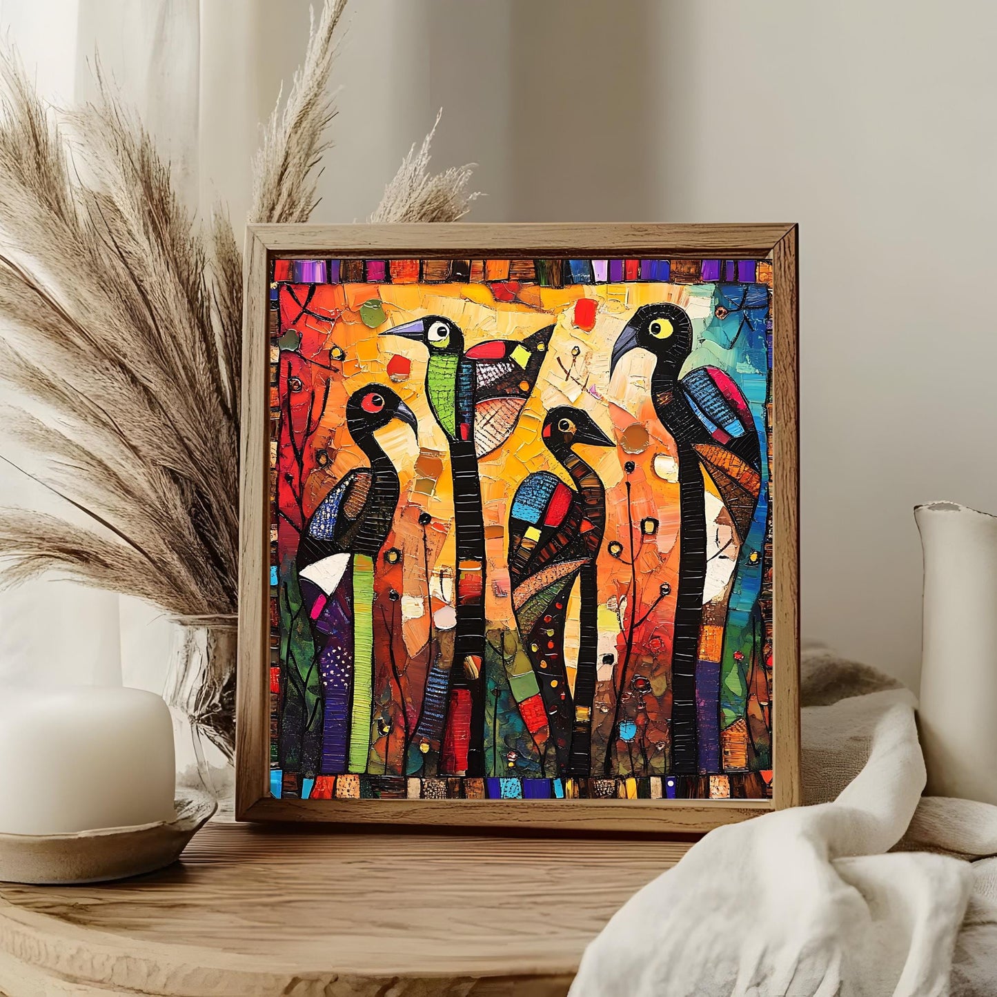 Whimsical Birds Ceramic Tile, Folk Art Wildlife Artwork Home Decor, Ethnic Aesthetic Spring Decor