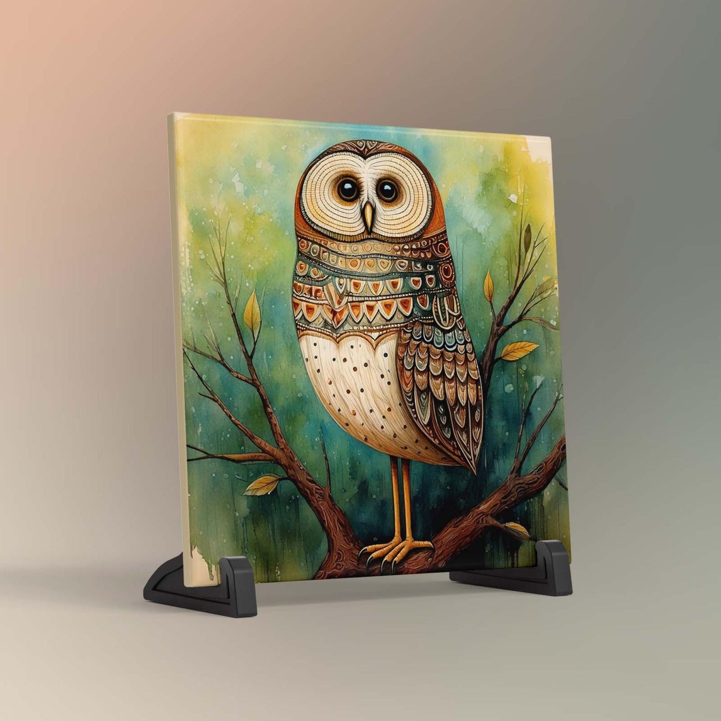 Whimsical Owl Folk Art Ceramic Tile - Unique Nature Lovers Decor - Minimalist Wall Hanging for Gift Giving - Artisan Home Wall Plaques