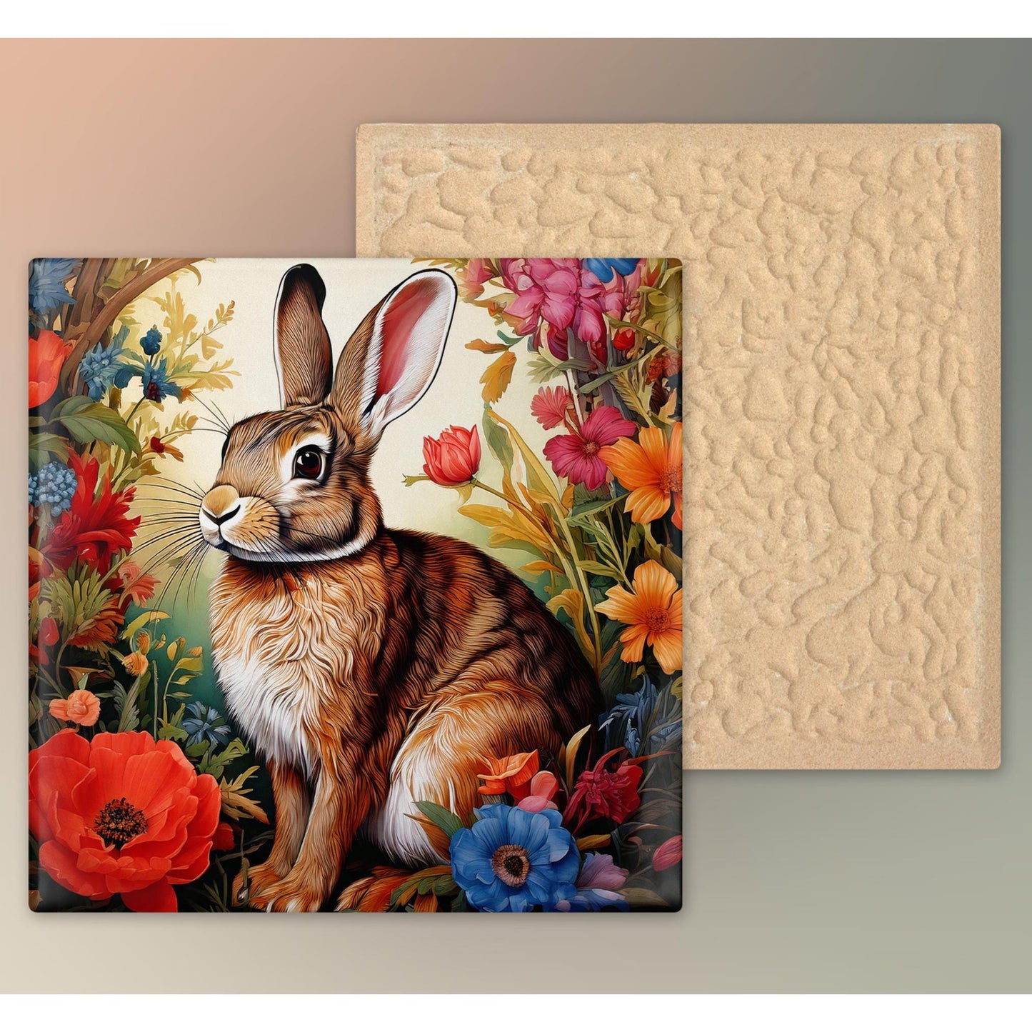 William Morris Inspired Rabbit Ceramic Tile, Art Nouveau Bunny Wall Decor, Floral Trivet for Kitchen, Nature Lovers Spring Summer Plaque