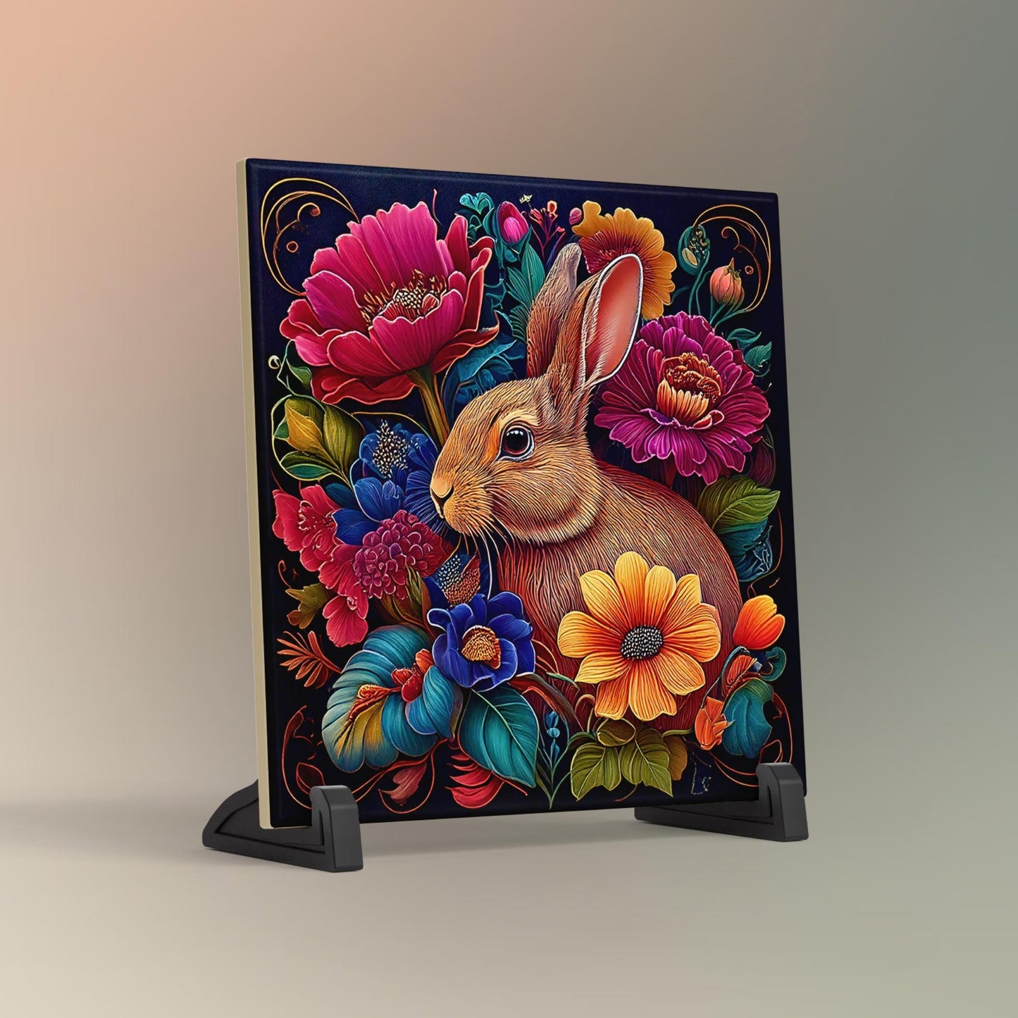 Art Nouveau Rabbit Ceramic Tile, William Morris Inspired Hare Wall Decor, Floral and Bunny Trivet, Nature Lovers Spring Art, 3 Styles