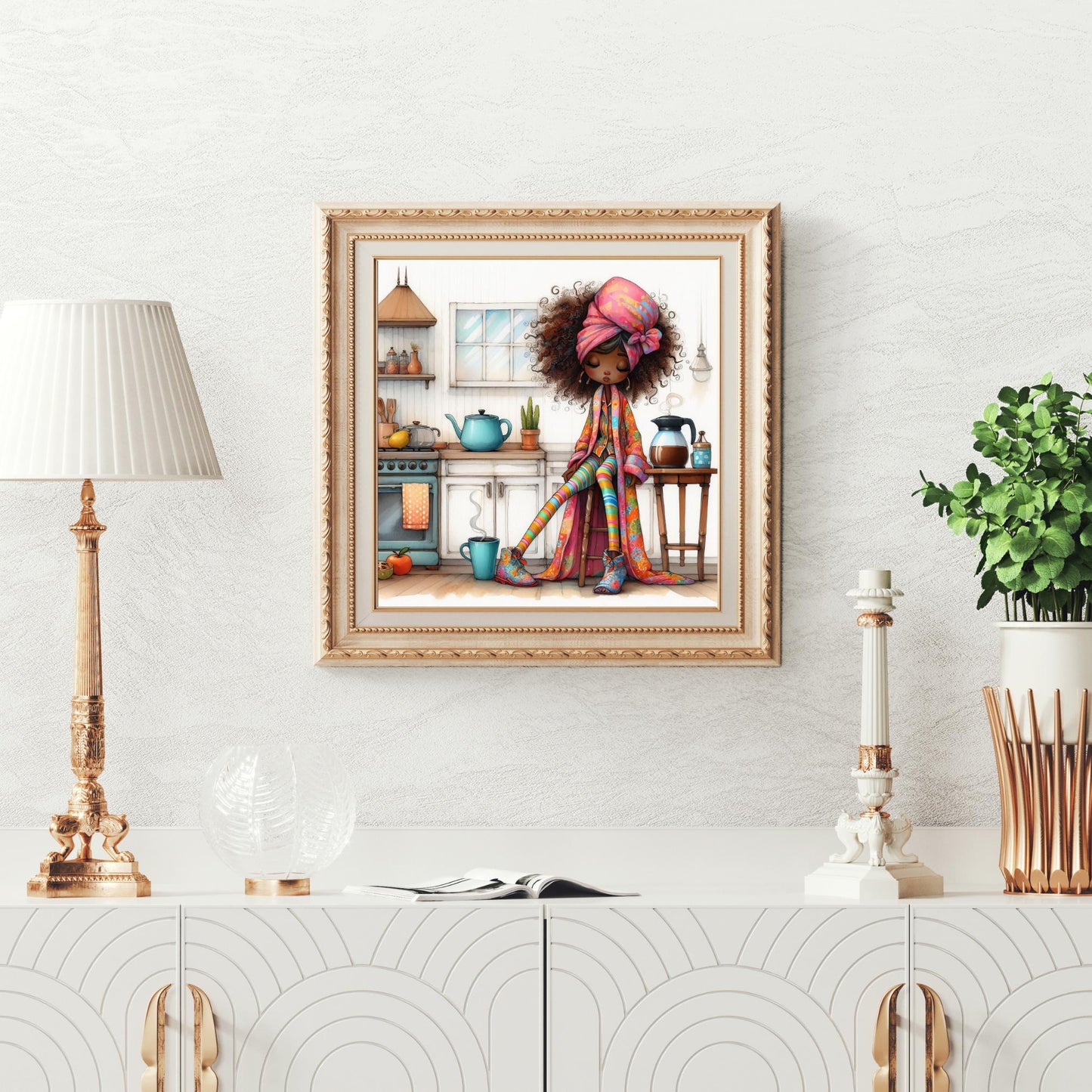 Quirky Lady Coffee Lovers Ceramic Tile Art, But First Coffee Black Woman Art, Trendy Wall Art Black Girl Art, African American Kitchen Decor