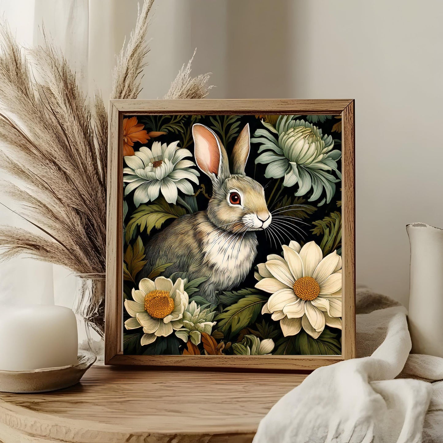 William Morris Inspired Rabbit Ceramic Tile, Art Nouveau Bunny Wall Decor, Floral Trivet for Kitchen, Nature Lovers Plaque