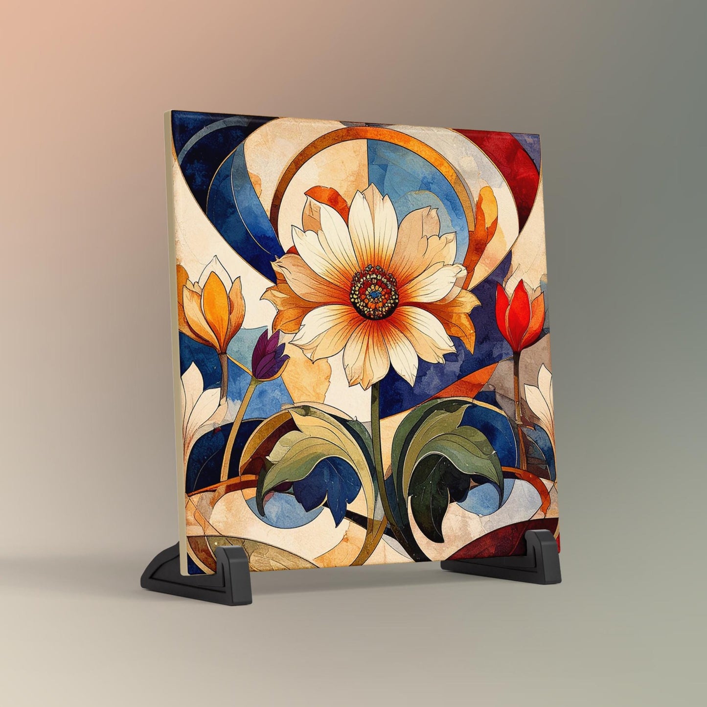 Art Nouveau Floral Ceramic Art Tile, Detailed Flower Design for Stunning Home Decor, Unique Gift for Nature Lovers