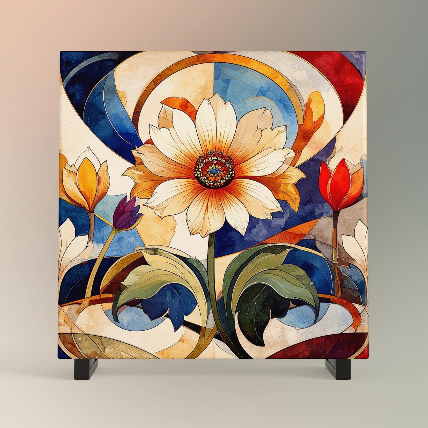 Art Nouveau Floral Ceramic Art Tile, Detailed Flower Design for Stunning Home Decor, Unique Gift for Nature Lovers