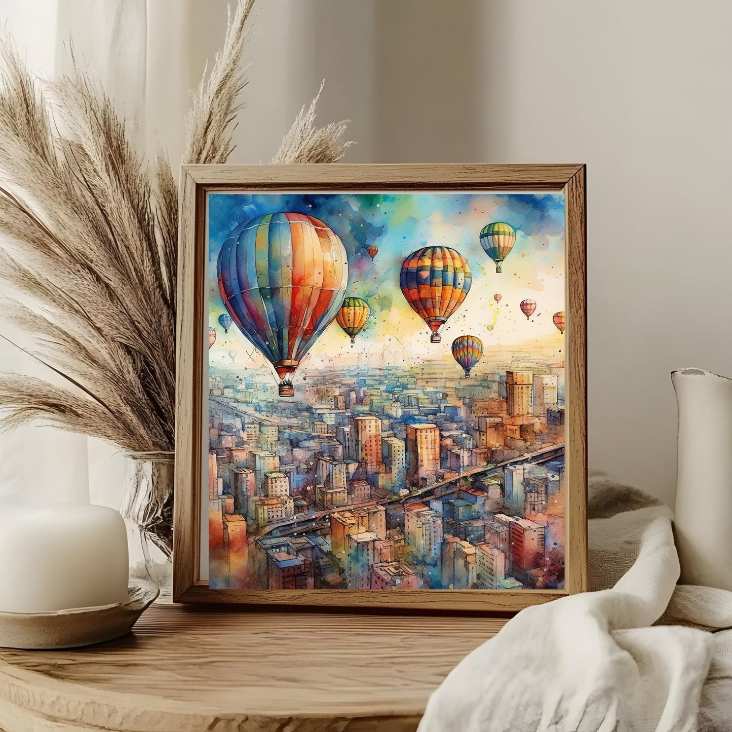 Watercolor Hot Air Balloon Ceramic Art Tile - Beautiful Cityscape Balloon Festival - Trendy Kitchen Art - Boho Home Decor