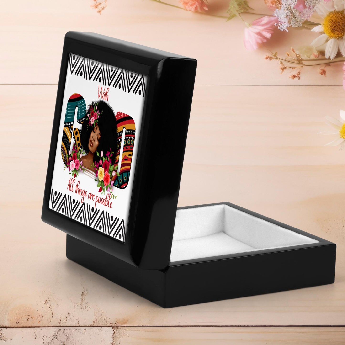 Keepsake Box - Ebony Wood Memory Box - Gift for Her - Jewelry Box - Black Woman Art - Mother's Day Gift - With God All Things Are Possible