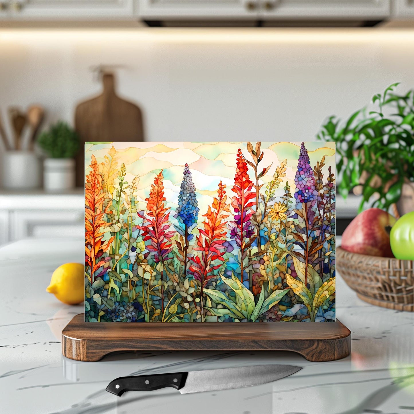 Whimsical Wildflowers Glass Cutting Board II - Floral Tempered Glass Chopping Board for Cheese & Charcuterie, Functional Kitchen Art